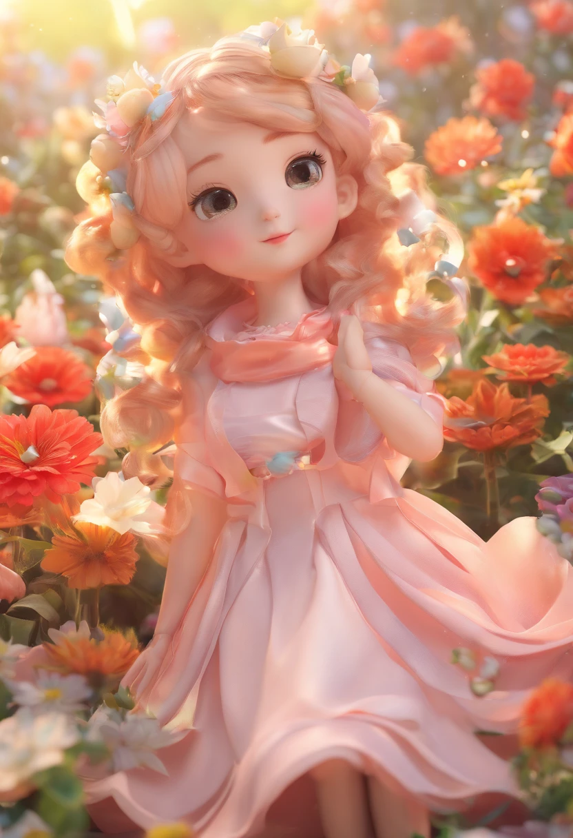 super cute girl IP by pop mart, eyes with brightness, cherub,Small long skirt, Morning，Glorious sunshine，Glossy and delicate,Flower sea background, a 3D render