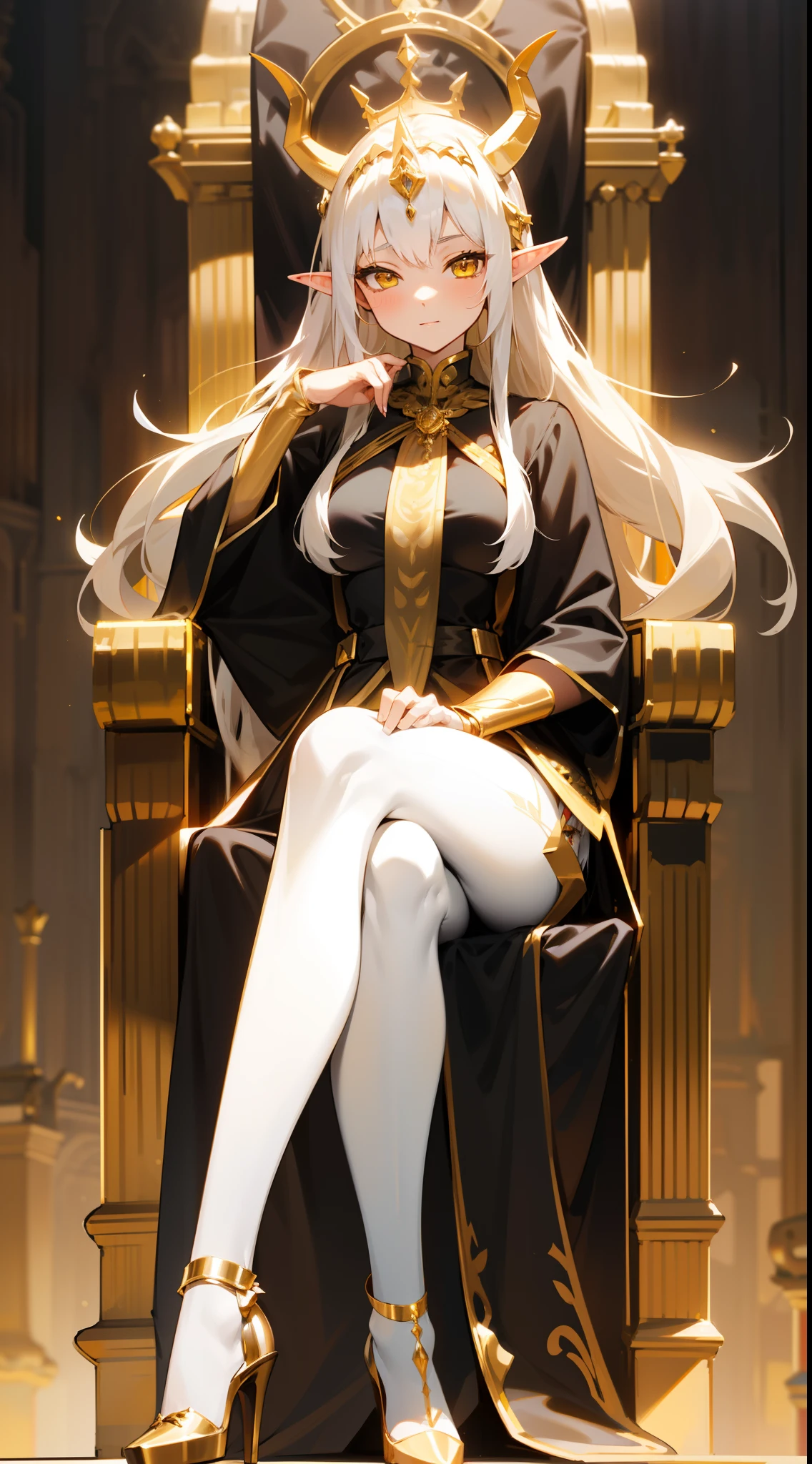 1girl,20 years,solo,happy,black and golden long dress,medium tits,white hair,long hair,yellow eyes,elves ears,white pantyhose,golde tiara,oni horns,Detailed ,gold high heels,Luxurious Gold Decoration,(((sitting on a throne inside a castle)))