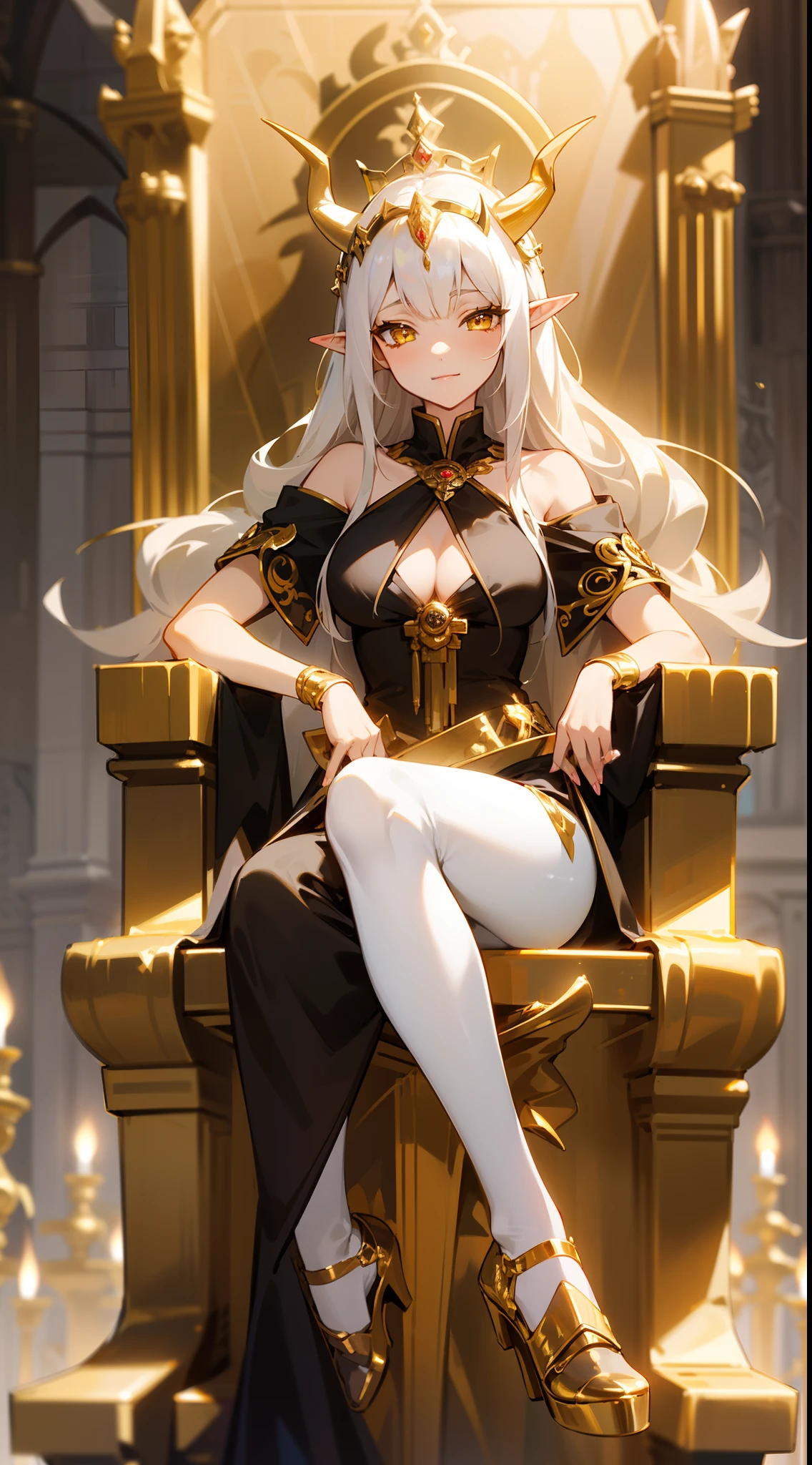 1girl,20 years,solo,happy,black and golden long dress,medium tits,white hair,long hair,yellow eyes,elves ears,white pantyhose,golde tiara,oni horns,Detailed ,gold high heels,Luxurious Gold Decoration,(((sitting on a throne inside a castle)))