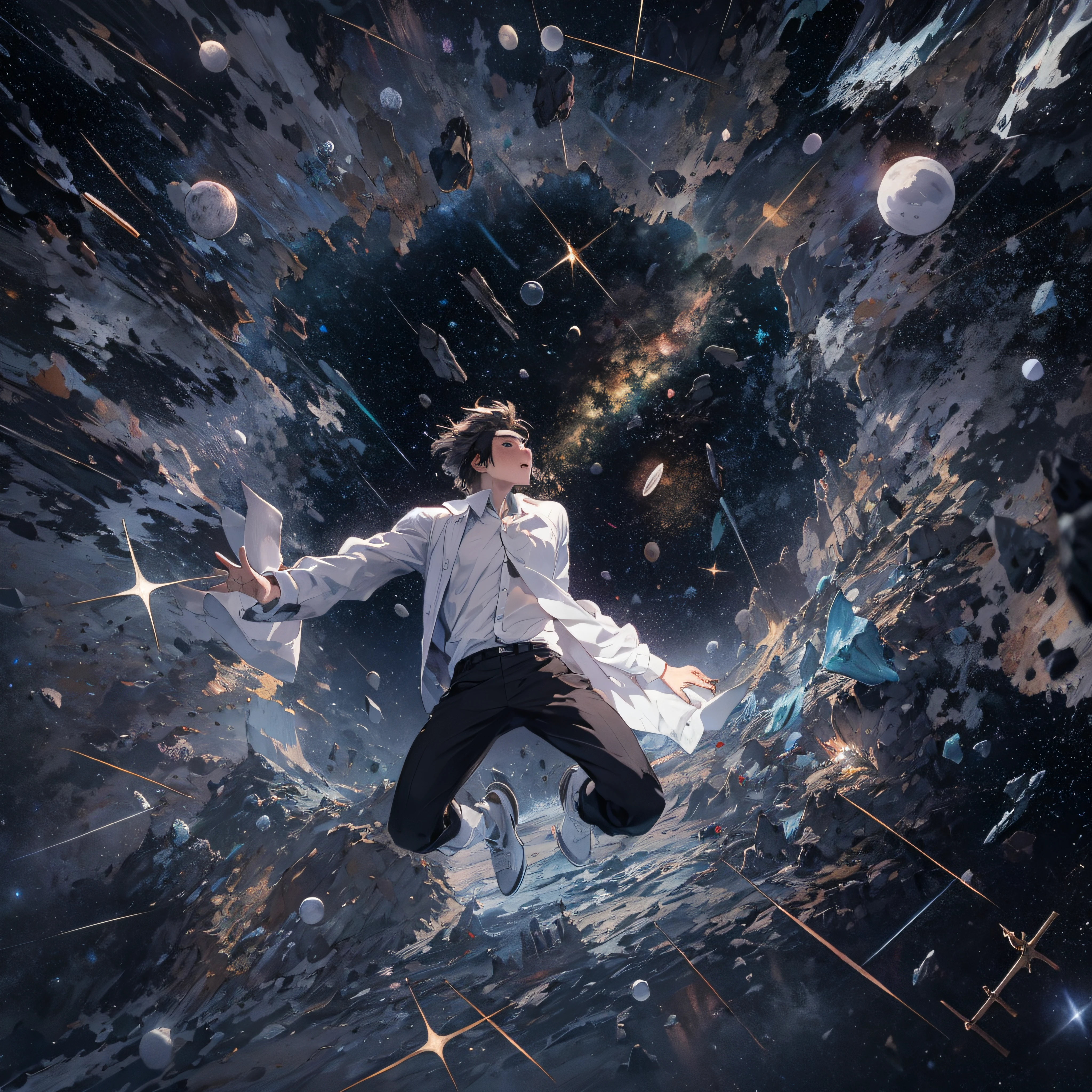 ridiculous resolution, high resolution, (masterpiece:1.4), super detailed, young man, white shirt, black jacket, seen from above, space, floating, comets, star gazer --v 6