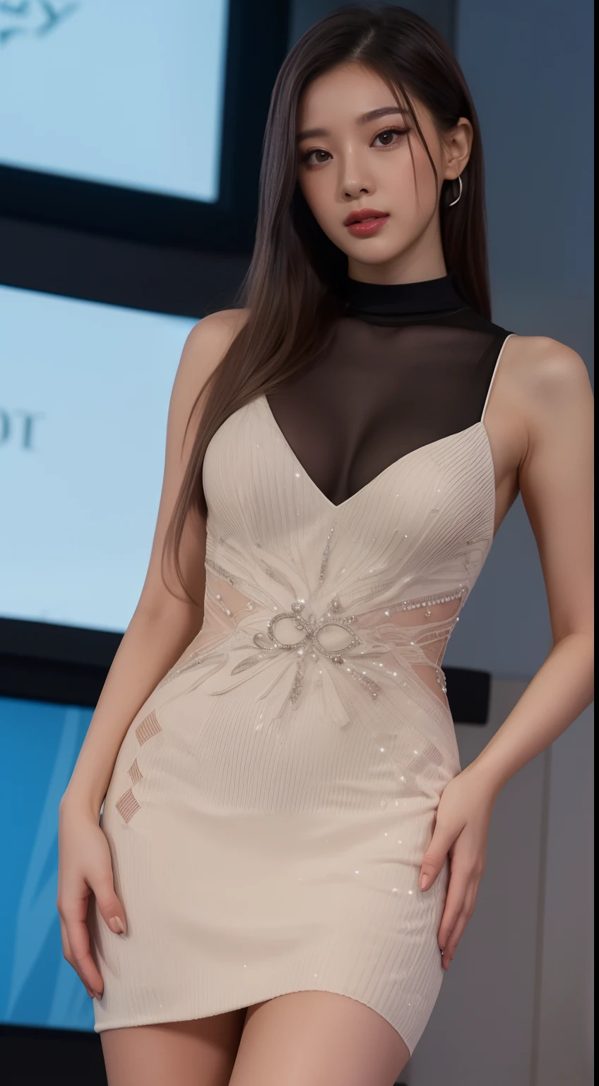 Ultra detail, high resolution, Ultra detailed, Best quality, Amazing, Top quality,Unified 8K wallpapers, Cinematic lighting, (fully body photo:1.6),in class room,Stand on the podium,(Sexy beauty teacher),A noble and elegant evening dress
