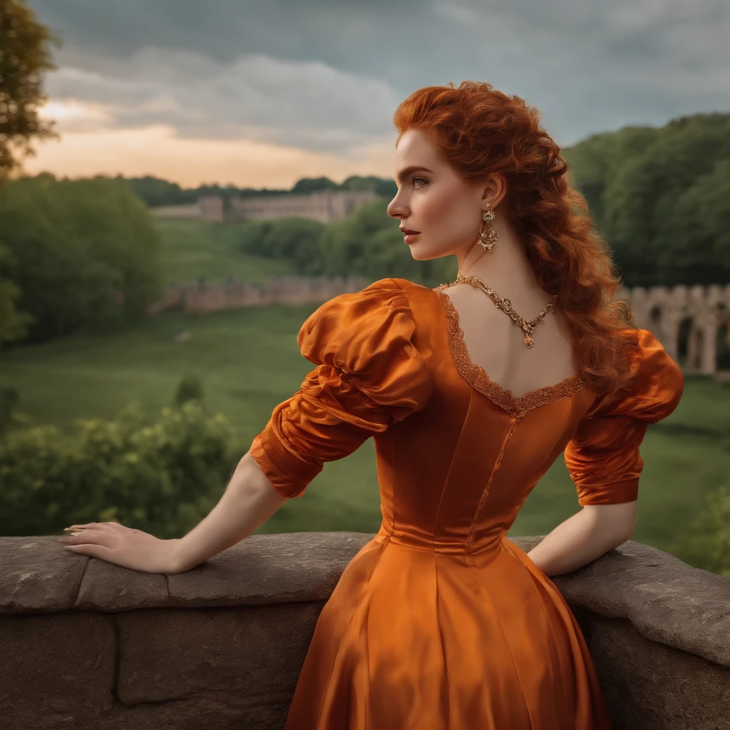 tiktok girl, (from_behind:1.3) (lying:1.2) redhead , wavy_hair , victorian era , orange (open shirt) , on ramparts , jewelry, (full_body:1.4), (realistic:1.4), masterpiece, high quality, realistic lighting, center of frame, 8k, hdr, amateur, face scar