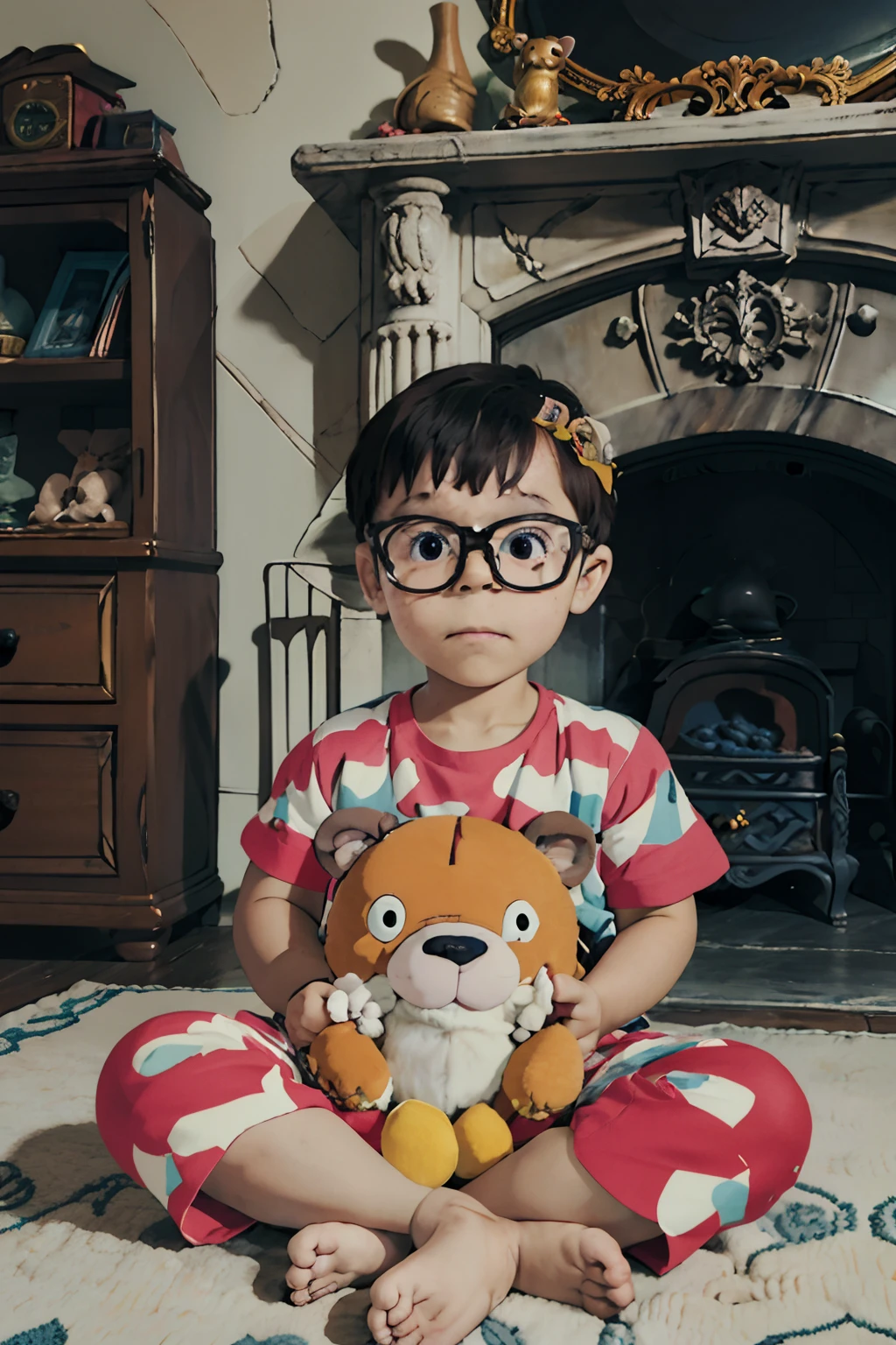 Crie um retrato em close ilustrado encantador no estilo extravagante do Studio Ghibli. They depict a 3-year-old boy wearing glasses and dressed in cozy pajamas adorned with adorable animal prints. Ele deveria estar olhando diretamente para o espectador, Exuding innocence and admiration. Place it in a softly lit room with shelves filled with a delicious array of stuffed animals and stuffed toys, Fazendo com que o quarto se sinta aconchegante e convidativo. Achieve a dreamy and exciting atmosphere in this enchanting illustration.