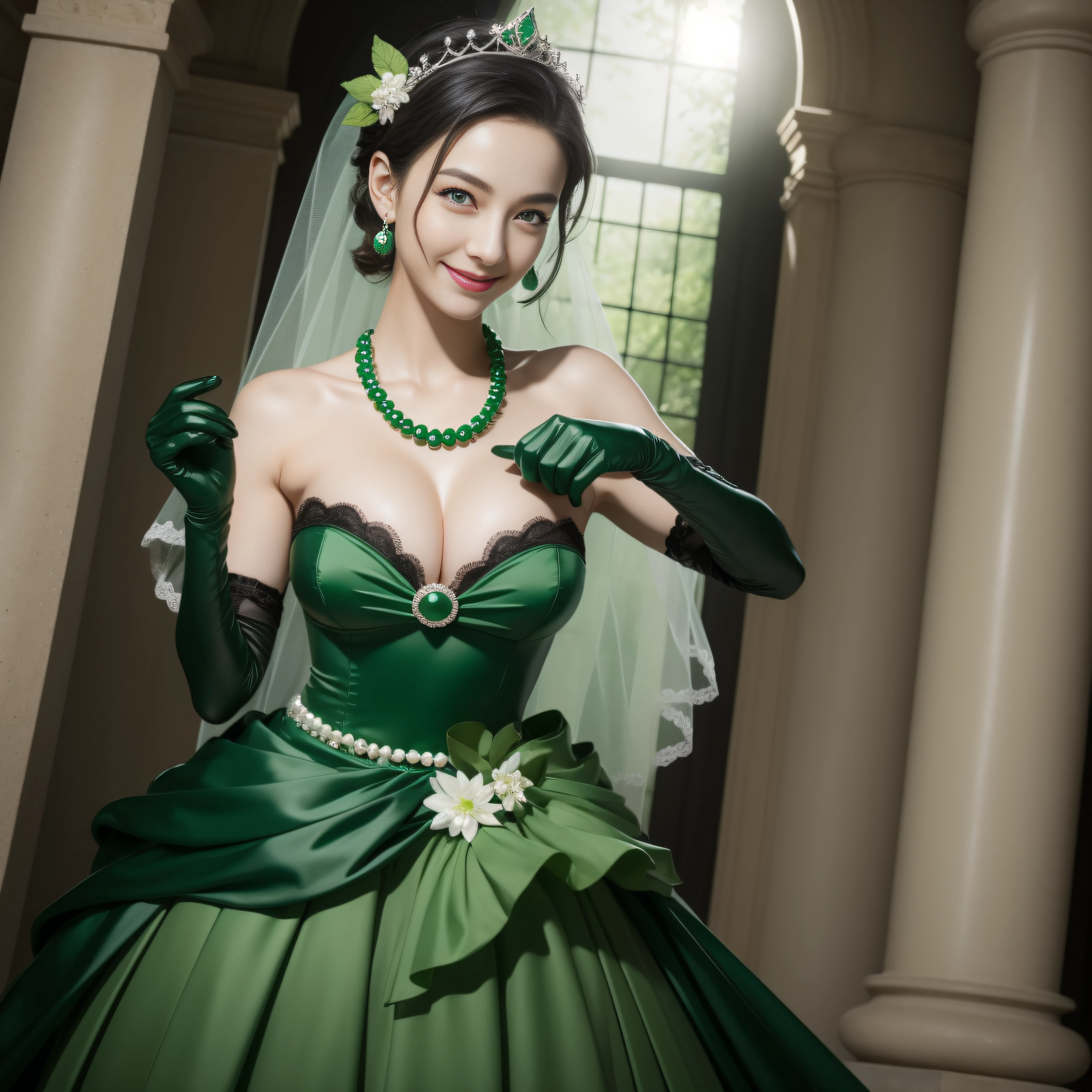 Boyish very short black hair, lipsticks, Japan woman smiling, Green Long Grove, Long green gloves made of satin material, lipsticks, Japan woman smiling, Satin green long gloves, emerald tiara, Green Pearl Necklace, verd s eyes, Green eyes, Long green gloves made of satin material, big breasts beautiful, Green Bridal Veil, Emerald Earrings, Green dress, Green eyes
