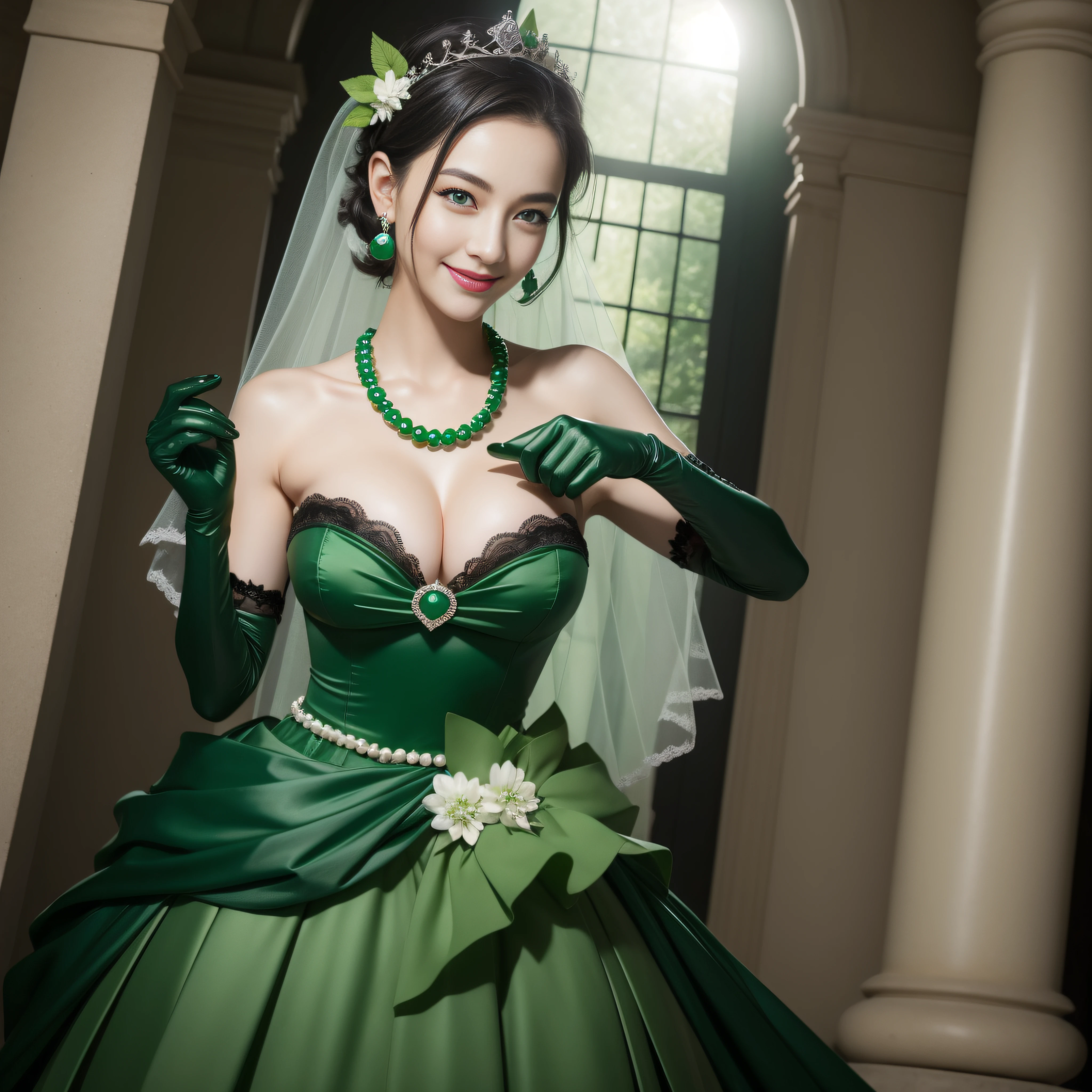 Boyish very short black hair, lipsticks, Japan woman smiling, Green Long Grove, Long green gloves made of satin material, lipsticks, Japan woman smiling, Satin green long gloves,　emerald tiara, Green Pearl Necklace, verd s eyes, Green eyes, Long green gloves made of satin material, big breasts beautiful, Green Bridal Veil, Emerald Earrings, Green dress, Green eyes