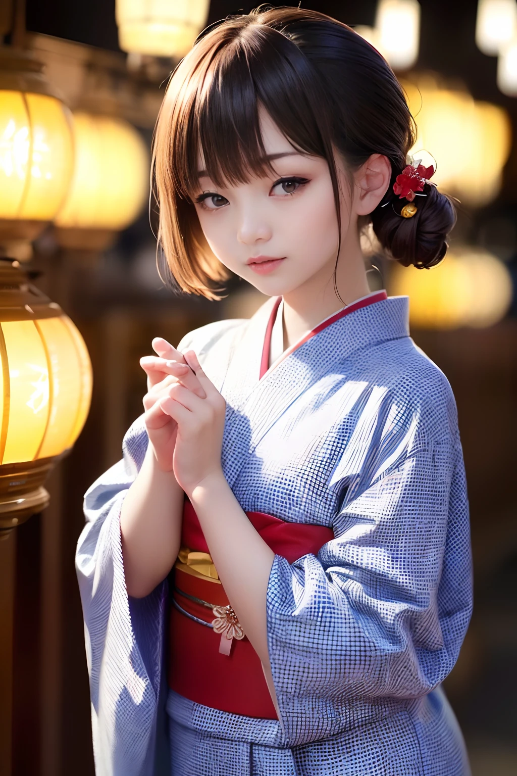 Upper body from the waist up、Are sleeping、nap、(Sleeping with your eyes closed)、(4In K、masterpiece、hight resolution、Realistic and beautiful light and shadow、One girl、Solo Focus、(top-quality)、(Hi-Res)、(extremely delicate and beautiful)、(Beautiful 8k face)、(Brown-eyed)、(I close my eyes while smiling.)、(独奏)、(Clear skin)、(Soft hair)、(hugetits)、(Plaid kimono, Red and blue floral yukata)、((Awa Odori Pose))、((Bokeh lantern light night background))、((speedo))、(reality)、thin and small nose、(red lipsticks)、(Reddening cheeks)、poneyTail、(Lustrous skin)、((Ukiyo-e style))、Ultra-thin eyebrows、Ultra high image quality、(Wearing maiko-style makeup)、skin whitening、long and beautiful lashes、Turning around in the style of a Kyoto magazine model、((s asleep))、Lustrous skin、(Red-dyed cheeks)