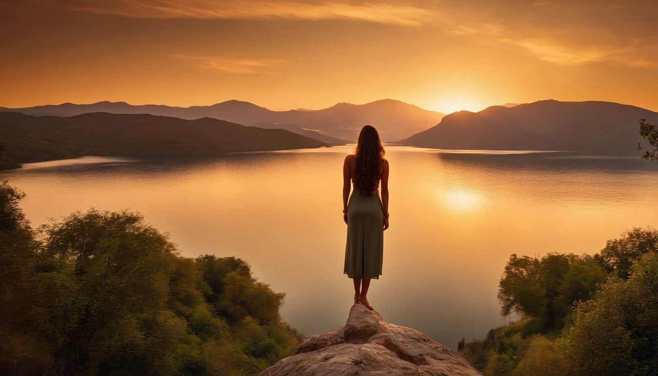 Qualidade extrema, CG, (cores brilhantes:0.8), A close-up photo of the back of a woman standing on a cliff overlooking a vast, Lago Sereno. She's looking away from the camera at sunset.. The mountains in the distance are reflected in the water, and the golden hues of the setting sun paint the sky with breathtaking colors., master part, best quality, 8k, 111cine8matic55