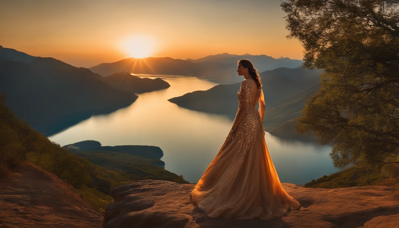 Qualidade extrema, CG, (cores brilhantes:0.8), A close-up photo of the back of a woman standing on a cliff overlooking a vast, Lago Sereno. She's looking away from the camera at sunset.. The mountains in the distance are reflected in the water, and the golden hues of the setting sun paint the sky with breathtaking colors., master part, best quality, 8k, 111cine8matic55