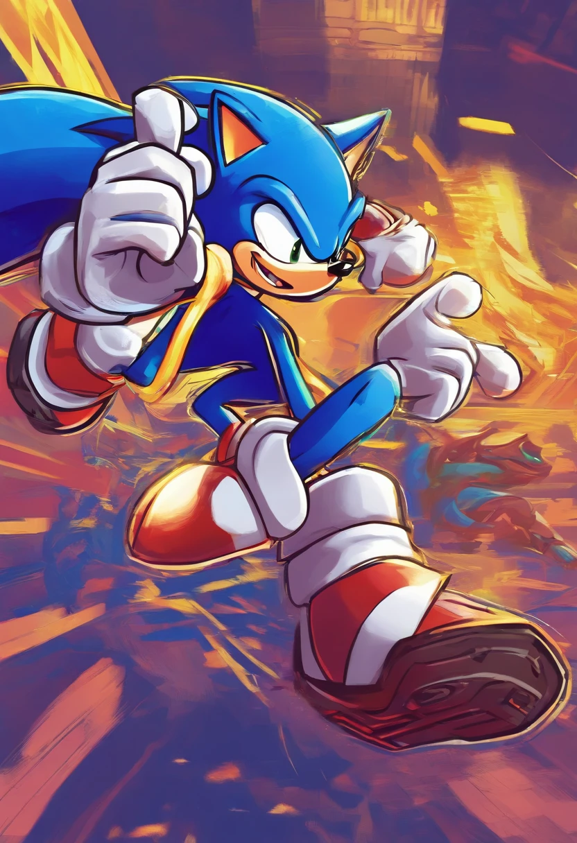 (a blue edition)sonic the hedgehog,fast running,heroic pose,determined expression,golden rings,emerald collection,jumping over obstacles,blur motion effect,speed lines,high intensity,comic book style,vibrant colors,stylized environment,nostalgic references,action-packed,chaotic energy,stylized cartoon,retro gaming aesthetic,dynamic composition,iconic character design,upbeat soundtrack,cartoonish sound effects,dramatic lighting,shining eyes of determination,muscular physique,wind-blown quills,detailed textures,attention to fur details,power-ups and special abilities,fast-paced gameplay,adrenaline rush,overcoming challenges,motion blur effect,running through loop-de-loops,defeating enemies with spikes,targetting speedbreaking the sound barrier,high-flying jumps,getting a chaos emerald to transform,smashing through obstacles,energetic and lively,thrilling adventure,classic gaming experience,(best quality,4k,8k,highres,masterpiece:1.2),ultra-detailed,(realistic,photorealistic,photo-realistic:1.37),HDR,UHD,studio lighting,ultra-fine painting,sharp focus,physically-based rendering,professional,vivid colors,bokeh,game concept art,retro video game style,iconic gaming character.