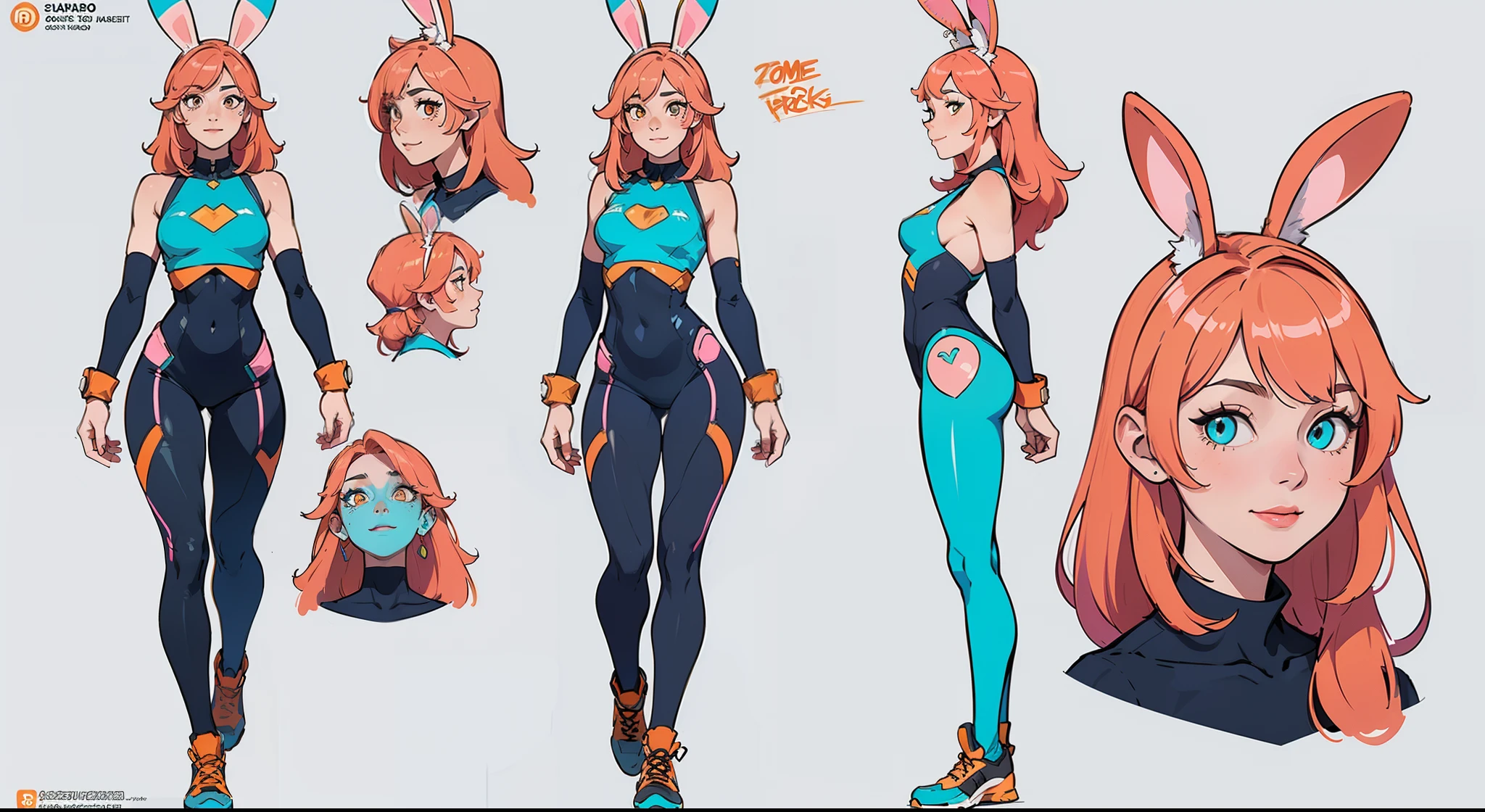 ((masterpiece)),(((best quality))),(character design sheet,same character,front,side,back), Reference sheet ((Best Quality)), ((Masterpiece)), ((Realistic)) tsuka kendou, 1woman, cute face, determined look, smile, long_legs, full_body, adult mature female ((spiky orange-pink hair,))((orange-pink mullet 1.1)), (mid length hair), bright cyan_eyes, (yellow_pupil,) hero, sleeveless blue_spandex_bodysuit, long orange-pink ((rabbit_ears,)) colored concept art, highly detailed character design, highly detailed face, Vivid and colorful colors, Delicate lines, tome + concept art, detailed full body concept art, full body character concept art, full body concept art, full character concept art, full body character concept, full body character design, 8 k character concept art, 8k character concept art, single character concept art, detailed character design, detailed face, detailed hair, (simple background, white background: 1.3)