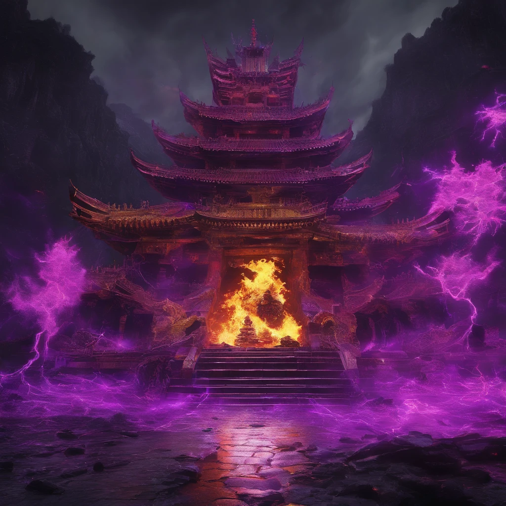 In heavy rain,((A huge castle complex of ancient square-topped stones burning in the fire))The picture quality is excellent,Lightning,Yellow light fog,电影灯光,Natural, realistic colors,Full composition,The style refers to Van Gogh,Subject content,Burning wooden ancient domed stone giant castle game scene 1:60 miniatures,Lightning and lightning,Agate glass texture 32K(tmasterpiece,k hd,hyper HD,32K)Long flowing bright purple hair,Autumn Pond,zydink, a color, Asian people (Kizi), (Red scarf), Combat posture, looking at the ground, long whitr hair, Floating bright purple, Fire cloud pattern gold tiara, Chinese long-sleeved gold silk garment, (abstract ink splash:1.2), white backgrounid,Lotus protector(realisticlying:1.4),Bright purple hair,Smoke on the road,The background is pure, A high resolution, the detail, RAW photogr, Sharp Re, Nikon D850 Film Stock Photo by Jefferies Lee 4 Kodak Portra 400 Camera F1.6 shots, Rich colors, ultra-realistic vivid textures, Dramatic lighting, Unreal Engine Art Station Trend, cinestir 800,Long flowing bright purple hair