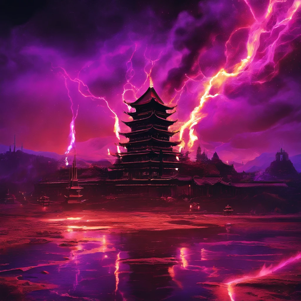 In heavy rain，（（A huge castle complex of ancient square-topped stones burning in the fire））The picture quality is excellent，Lightning，Yellow light fog，电影灯光，Natural, realistic colors，Full composition，The style refers to Van Gogh，Subject content，Burning wooden ancient domed stone giant castle game scene 1：60 miniatures，Lightning and lightning，Agate glass texture 32K（tmasterpiece，k hd，hyper HD，32K）Long flowing bright purple hair，Autumn Pond，zydink， a color， Asian people （Kizi）， （Red scarf）， Combat posture， looking at the ground， long whitr hair， Floating bright purple， Fire cloud pattern gold tiara， Chinese long-sleeved gold silk garment， （abstract ink splash：1.2）， white backgrounid，Lotus protector（realisticlying：1.4），Bright purple hair，Smoke on the road，The background is pure， A high resolution， the detail， RAW photogr， Sharp Re， Nikon D850 Film Stock Photo by Jefferies Lee 4 Kodak Portra 400 Camera F1.6 shots, Rich colors, ultra-realistic vivid textures, Dramatic lighting, Unreal Engine Art Station Trend, cinestir 800，Long flowing bright purple hair