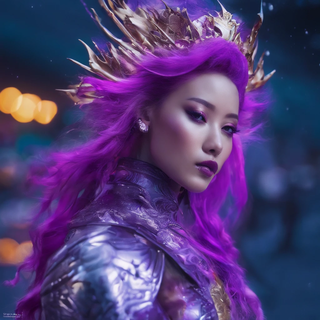 Agate glass texture 32K(tmasterpiece,k hd,hyper HD,32K)Long flowing bright purple hair,Snow in winter,zydink, a color, Asian people (Kizi), (Red scarf), Combat posture, looking at the ground, long whitr hair, Floating bright purple, Fire cloud pattern gold tiara, Chinese long-sleeved gold silk garment, (Abstract snowflakes flying:1.2), white backgrounid,Lotus protector(realisticlying:1.4),Bright purple hair,Smoke on the road,The background is pure, A high resolution, the detail, RAW photogr, Sharp Re, Nikon D850 Film Stock Photo by Jefferies Lee 4 Kodak Portra 400 Camera F1.6 shots, Rich colors, ultra-realistic vivid textures, Dramatic lighting, Unreal Engine Art Station Trend, cinestir 800,Long flowing bright purple hair