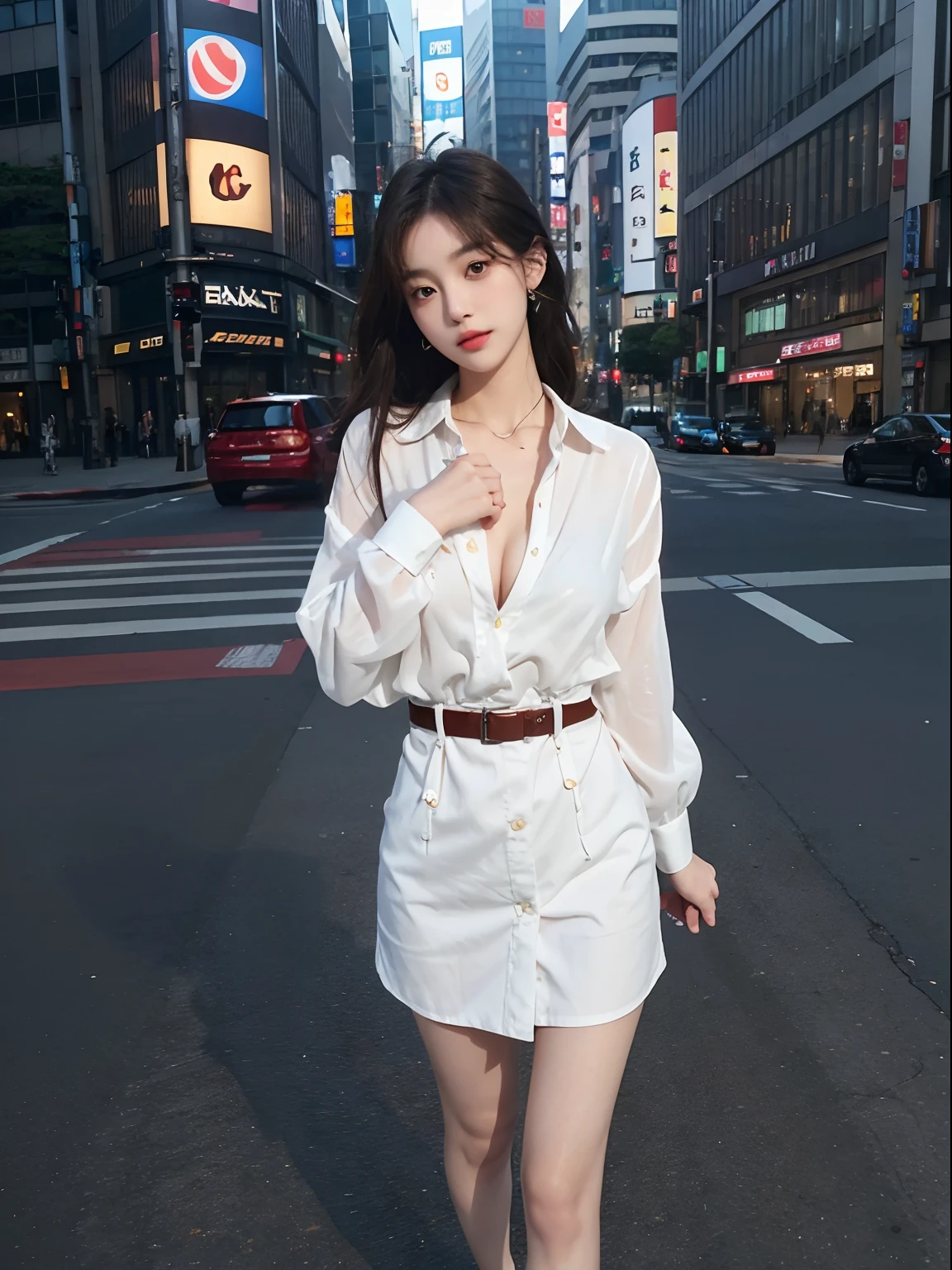 Best Quality Detail:1.2, realisitic, 8K UHD, Hight Resolution, 1girll:1.2, The ultra-detailliert, High quality textures, delicate detail, The Details, super detailed CG, High quality shadow, Detail : beautiful delicate face, Detail : beautiful delicate eyes, depth of fields, Ray traching, 20's, Pretty Kpop girl, Korean Urzan face:1.1, Slim Faces, ulzzang -6500-v1.1:0.6, pureerosface_v1, Glow Eyes, teak, Glossy Lips, PerfectBody, chokers、cleavage of the breast、 Brown hair、ponytale:1.1, Street, Particle, looking up at viewer, Photorealcitic:1.4, extremely highly detailed, photograph realistic, 4K 8K UHD Full Color RAW Photos, Fujifilm(Medium format:1.2), Hasselblad:1.2, Carl Zeiss:1.1, Stunning dynamic range photos(useful_artwork: Smooth-768:1.1), Hight Resolution, High pixel count, clear details, crisp image, Natural color reproduction, Noise Reduction, High fidelity, , Software Enhancements, Upscaling, Optimized algorithm, Professional-grade retouching、((Shibuya, Tokyo))、On the way to shop、((Stylish clothes with a very high design))、Shirt dress: Oversized shirt dress、Simple and fashionable style