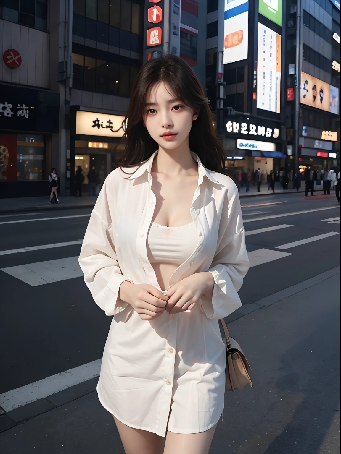 Best Quality Detail:1.2, realisitic, 8K UHD, Hight Resolution, 1girll:1.2, The ultra-detailliert, High quality textures, delicate detail, The Details, super detailed CG, High quality shadow, Detail : beautiful delicate face, Detail : beautiful delicate eyes, depth of fields, Ray traching, 20's, Pretty Kpop girl, Korean Urzan face:1.1, Slim Faces, ulzzang -6500-v1.1:0.6, pureerosface_v1, Glow Eyes, teak, Glossy Lips, PerfectBody, chokers、cleavage of the breast、 Brown hair、ponytale:1.1, Street, Particle, looking up at viewer, Photorealcitic:1.4, extremely highly detailed, photograph realistic, 4K 8K UHD Full Color RAW Photos, Fujifilm(Medium format:1.2), Hasselblad:1.2, Carl Zeiss:1.1, Stunning dynamic range photos(useful_artwork: Smooth-768:1.1), Hight Resolution, High pixel count, clear details, crisp image, Natural color reproduction, Noise Reduction, High fidelity, , Software Enhancements, Upscaling, Optimized algorithm, Professional-grade retouching、((Shibuya, Tokyo))、On the way to shop、((Stylish clothes with a very high design))、Shirt dress: Oversized shirt dress、Simple and fashionable style