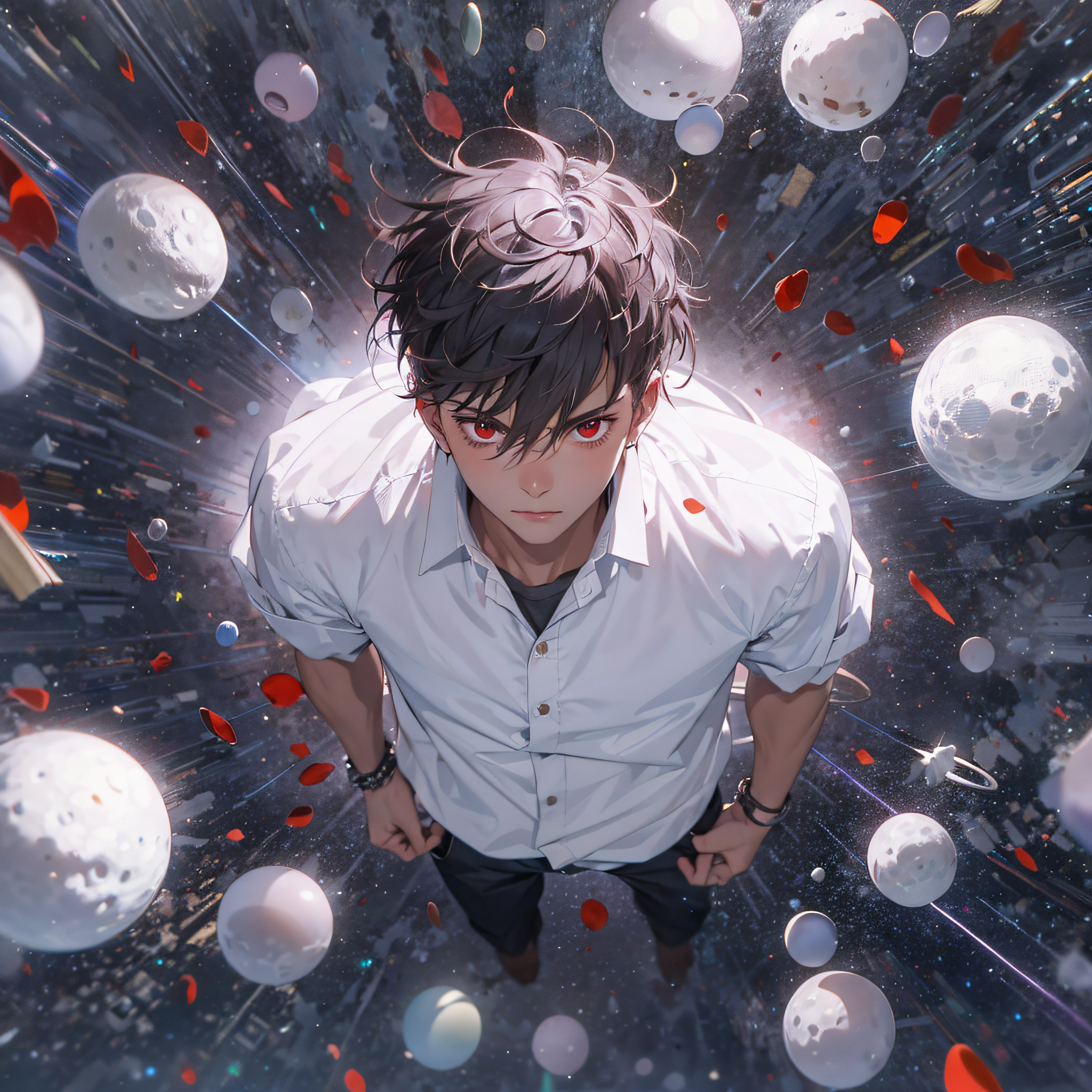 ridiculous resolution, high resolution, (masterpiece:1.4), super detailed, ung man, white shirt, red eyes, seen from above, space, floating, --v 6