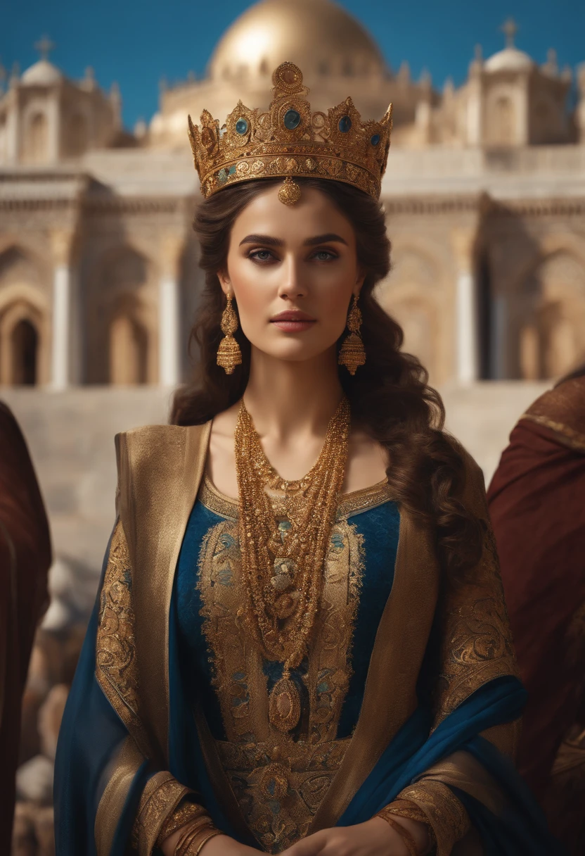 (best quality,4k,highres,masterpiece:1.2),ultra-detailed,realistic,extremely detailed Byzantine Empire portrait,painting, vibrant colors,golden hue,delicate brushstrokes,precise facial features,ornate jewelry and clothing,richly decorated crown,elaborate background design,shimmering mosaics,vivid blue sky,glistening marble architecture,sunlight casting soft shadows,highly defined eyes and eyebrows,noble countenance,serene expression,historical accuracy,faithful representation of the era,impressive attention to details,symbolic religious iconography