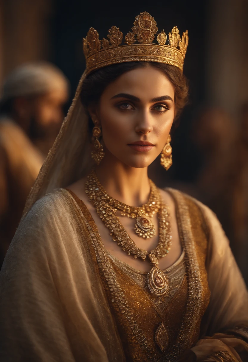 A woman in a gold dress and crown standing in front of a crowd - SeaArt AI