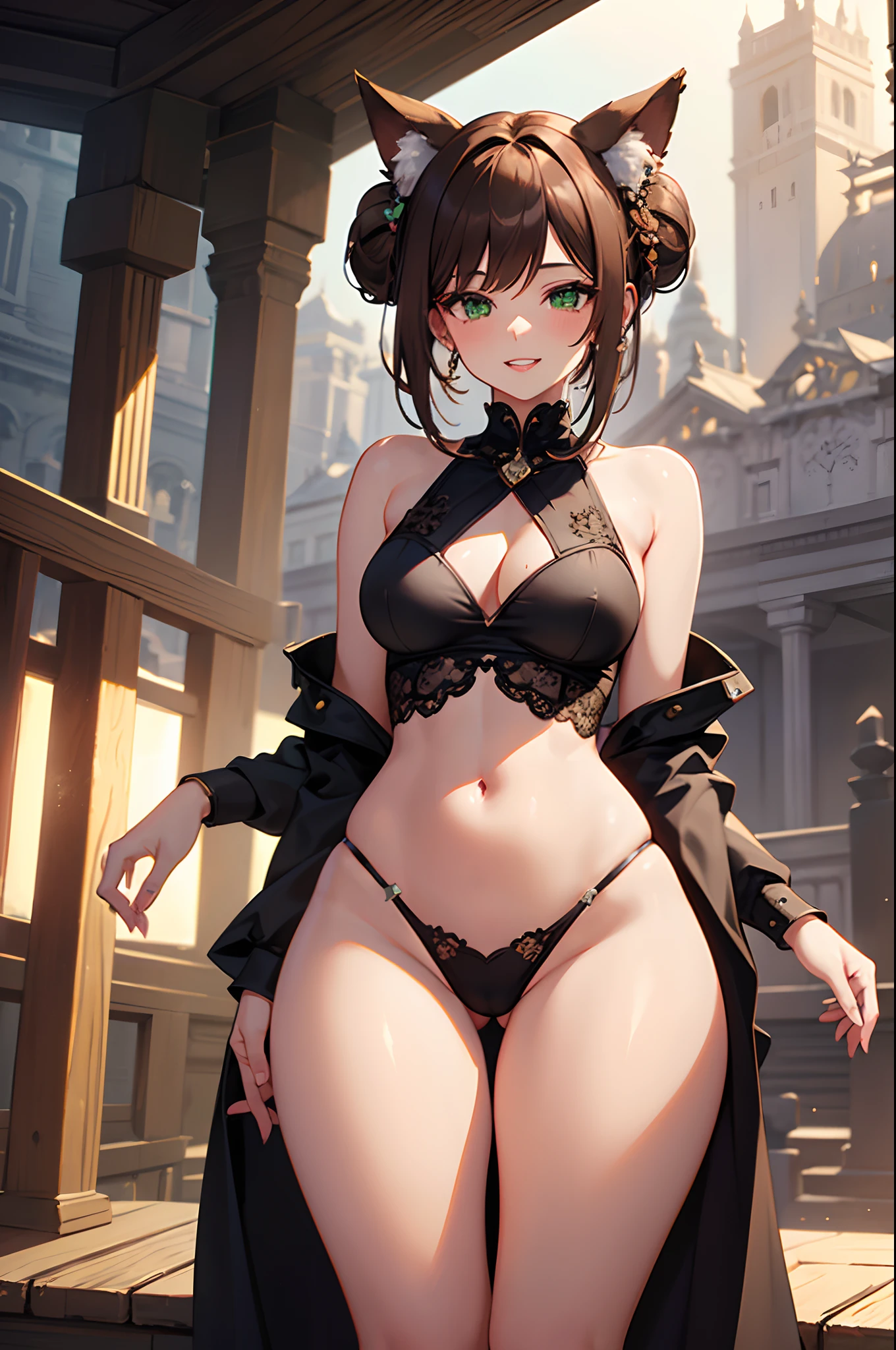 Detailed image of a girl, Semi loose brown hair in a tousled aesthetic bun, crisp and seductive green eyes, Beautiful face, smiling, full lips, foxy ears and tail, with earrings, large breasts, blushing eyeshadow, long thick eyelashes, loose shirt down to buttocks, dental floss, small waist, wide hips, large round buttocks, beautiful thick bare thighs, showing and sprouting buttock, view from below, shallow depth of field, volumetric lighting, Shadow Enhancement, Detailed temple landscape, Shoulder blades (Higher quality, Amazing details: 1. 25), (only: 1.3), Bright colorful paintings.