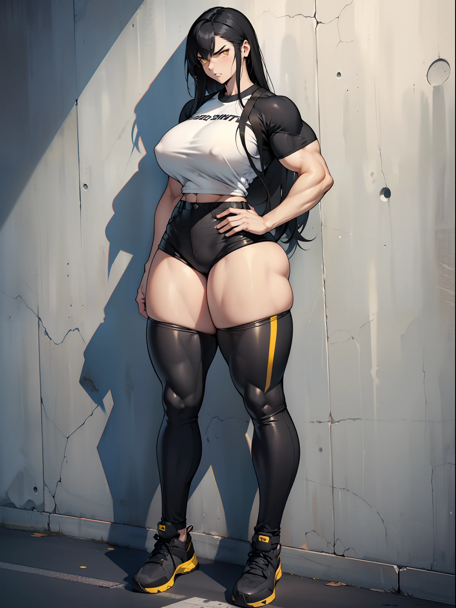 solo, (((1 girl))), very long hair, black hair, angry, yellow eyes, ((((muscular)))), ((huge tits)), ((thick thighs)), ((wide hips)), (full body), pale skin, (tight shirt), (tight pants), standing, concrete wall, against wall