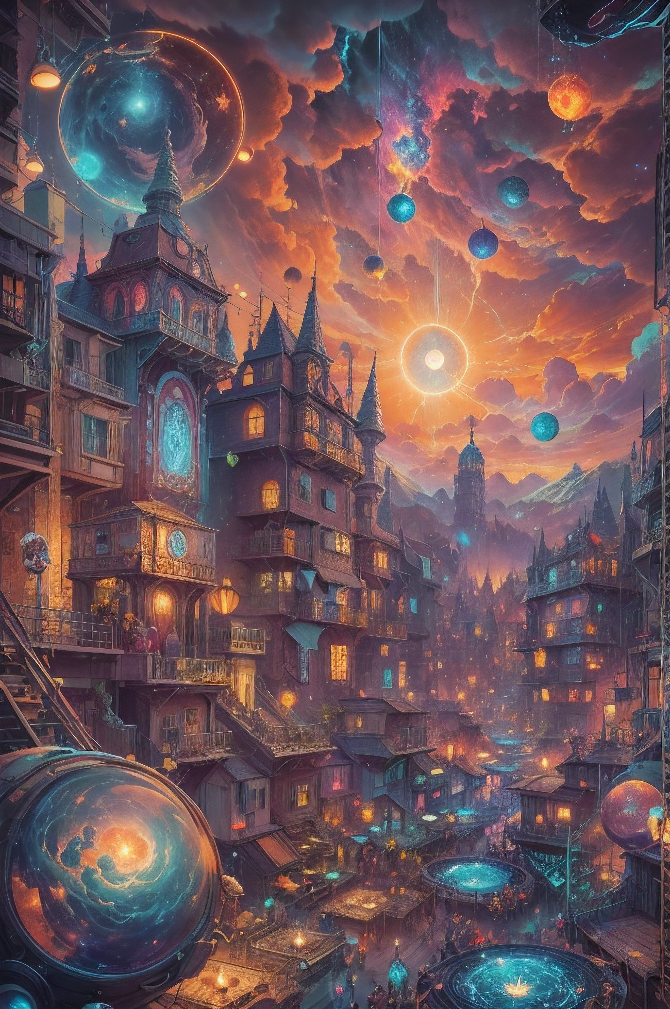 Multicolor multidimensional astral ethereal space nebulae, medieval magic arcane enchanted village ""Biopunk ovni in clound, cyberpunk, Disintegrating from 1000 paints into mosaic iridescence, Scenic, French, Dali, dynamic lighting, Cinematic, Artgerm, surrealism", Carl Barks, van Gog by Aykut