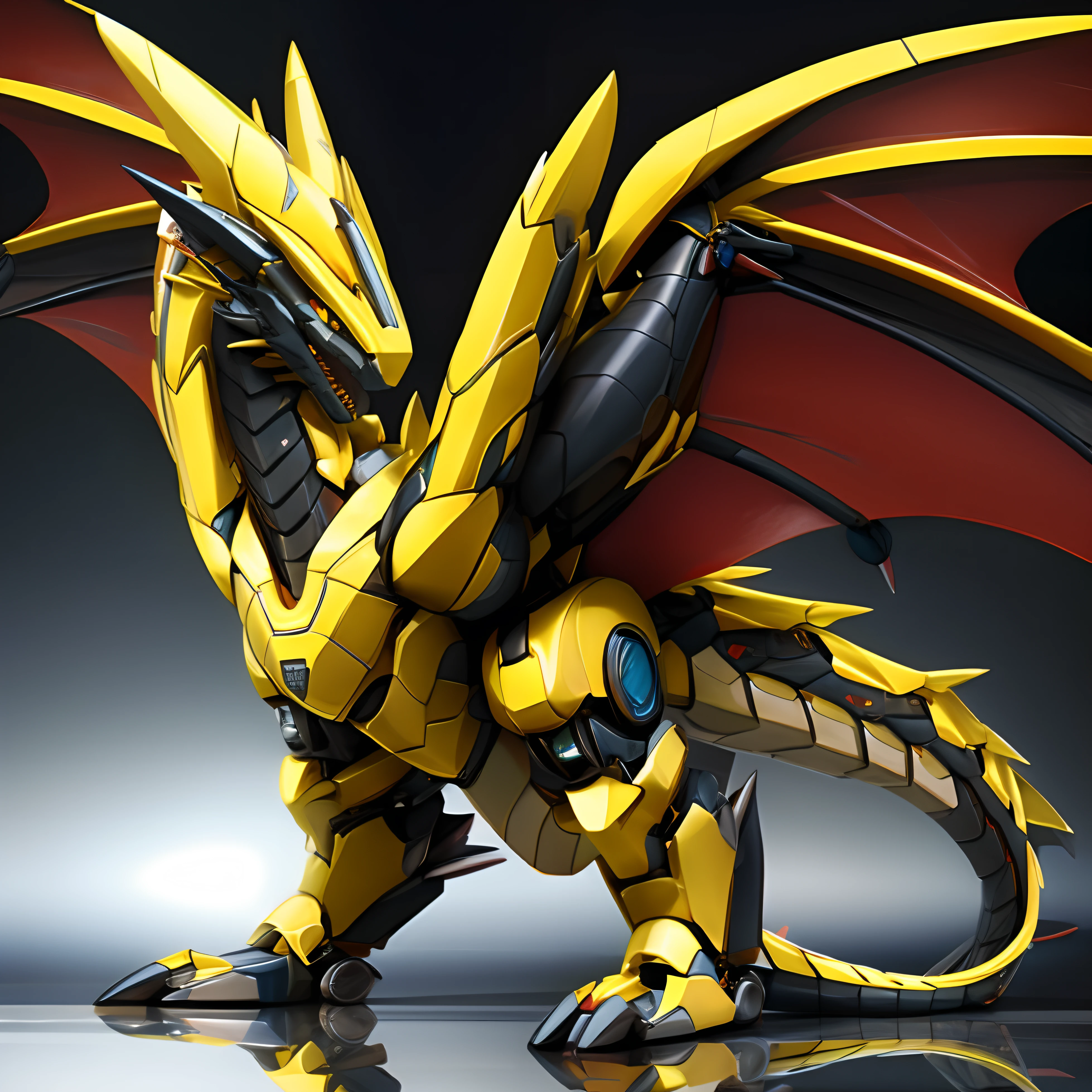 masutepiece, Best Quality, hight resolution, reflective light, solo, dragon robot, robot, quadrupedal robot, four legs, feral, dragon wings, yellow armor