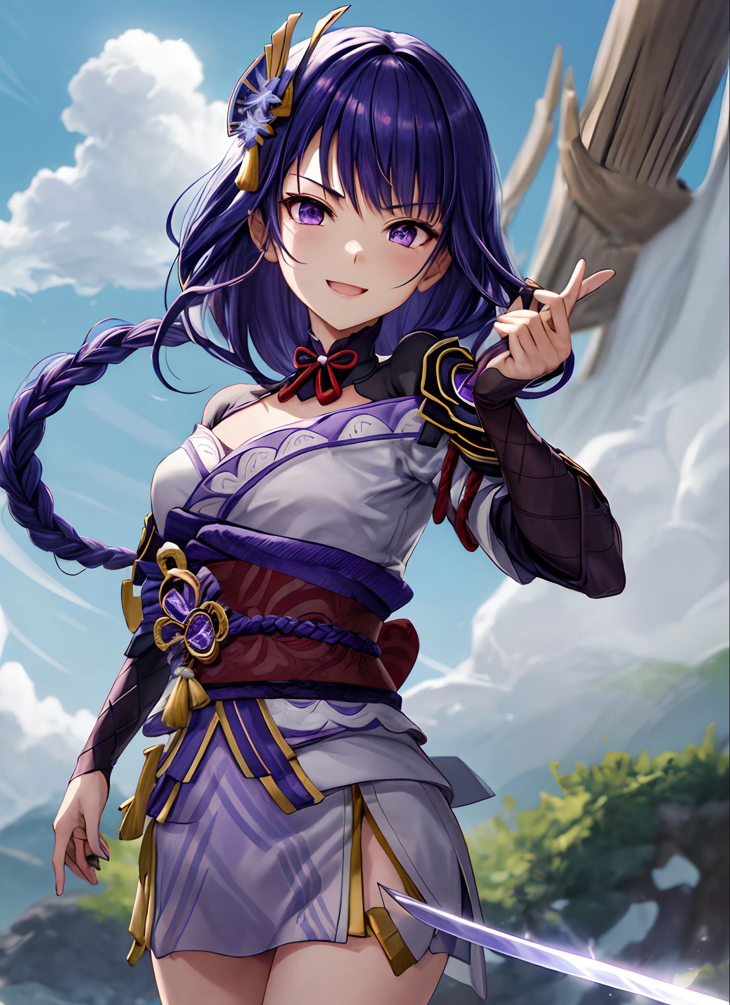 (highest quality)), ((masterpiece)), (Familiar), Perfect Face,Shiny skin,Beautiful breasts,how,Shiny skin、Kyoto Animation style painting、Golden Hair、Golden Eyes、Sunburned skin、night、Holding a Japanese sword、ruins、Combat Stance、Fishnet tights、Braided Hair、spats、inner、Kunoichi clothes、Purple clothes、Wearing a golden aura、Sparks fly、shock wave