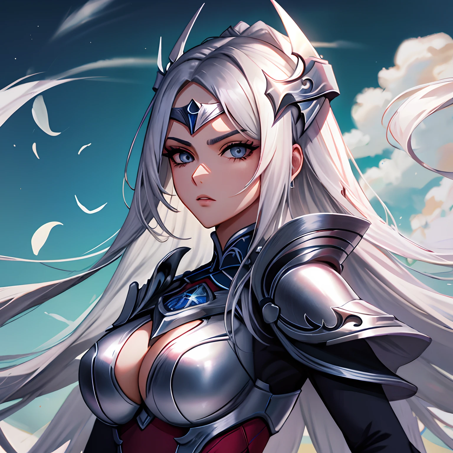 Paladina, mulher ocidental, mulher de 30 anos, mulher bonita, mulher madura, mulher branca, Branco_Woman, mulher de cabelo branco, white_hair, cabelo repartido ao meio, uma mulher paladina sexy, usando armadura prata sexy, silver_armor, long_hair, olhos cinzas, grey_eyes, jardim de fundo, manga-style, serious face, expression serious, rosto maduro