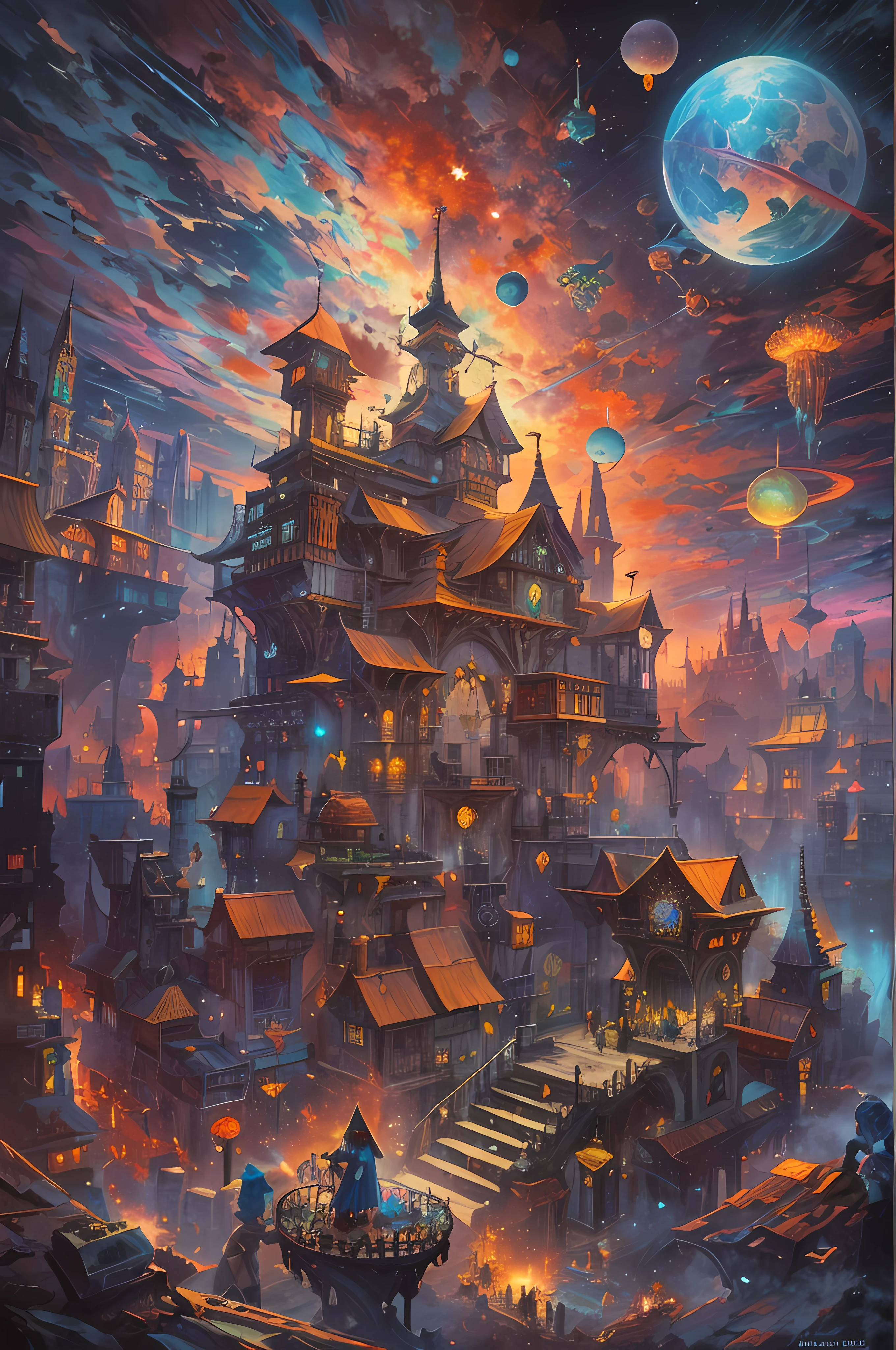 Multicolor multidimensional astral ethereal space nebulae, medieval magic arcane enchanted village ""Biopunk ovni in clound, cyberpunk, Disintegrating from 1000 paints into mosaic iridescence, Scenic, French, Dali, dynamic lighting, Cinematic, Artgerm, surrealism", Carl Barks, van Gog by Aykut