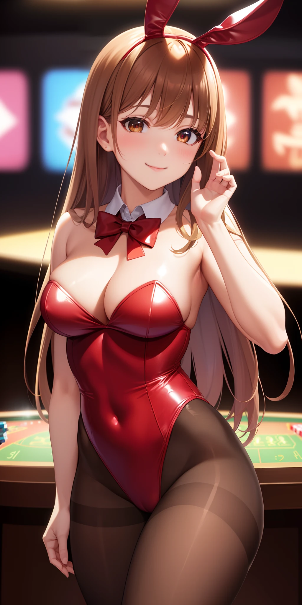 (close shot, best quality:1.5, highres, UHD, 4K, detailed lighting, shaders), brown straight hair, medium breasts, bunnysuit, pantyhose, bowtie, seductive pose, smiling, standing, casino background