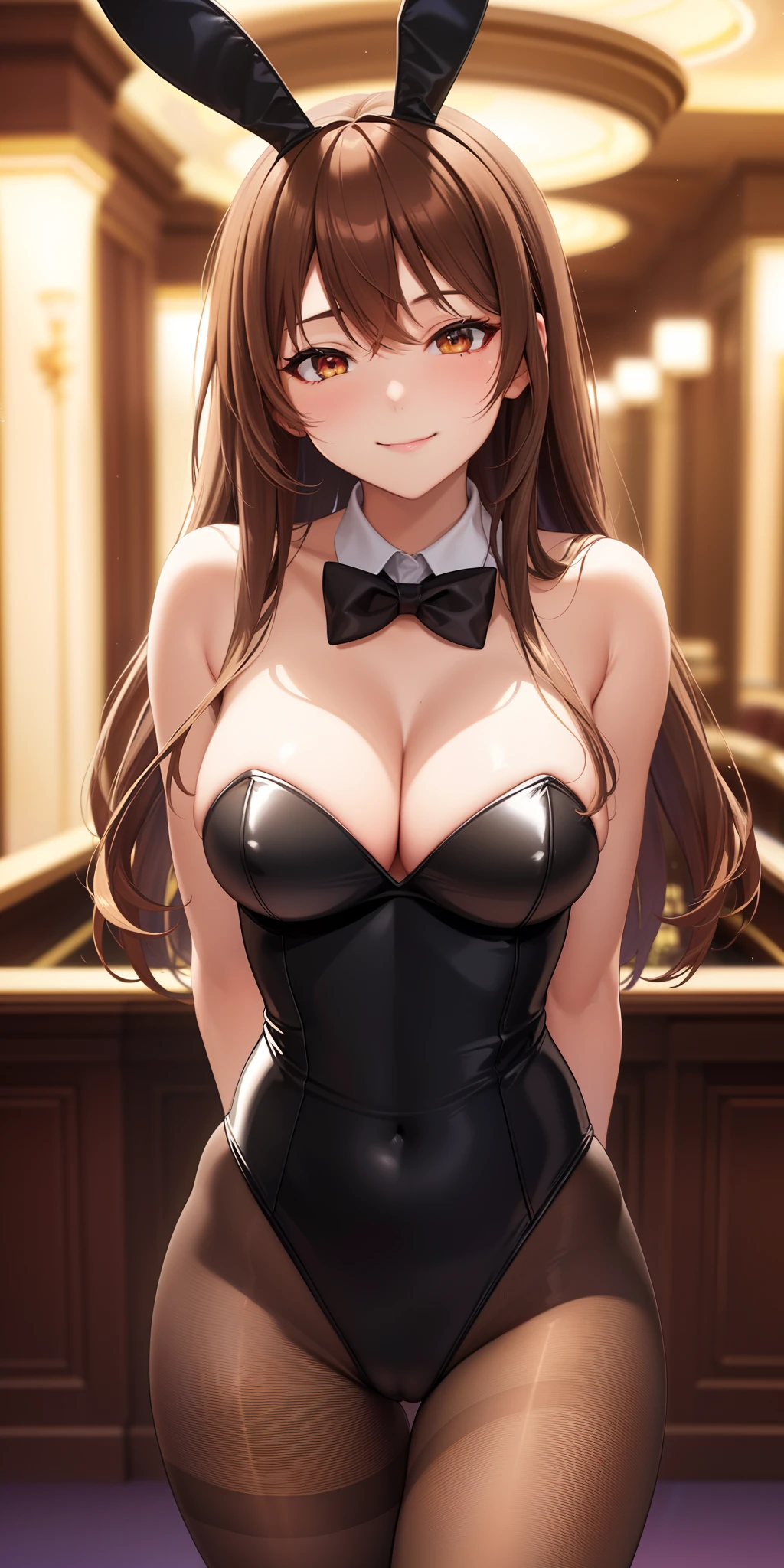 (close shot, best quality:1.5, highres, UHD, 4K, detailed lighting, shaders), brown straight hair, medium breasts, bunnysuit, pantyhose, bowtie, seductive pose, smiling, standing, casino background