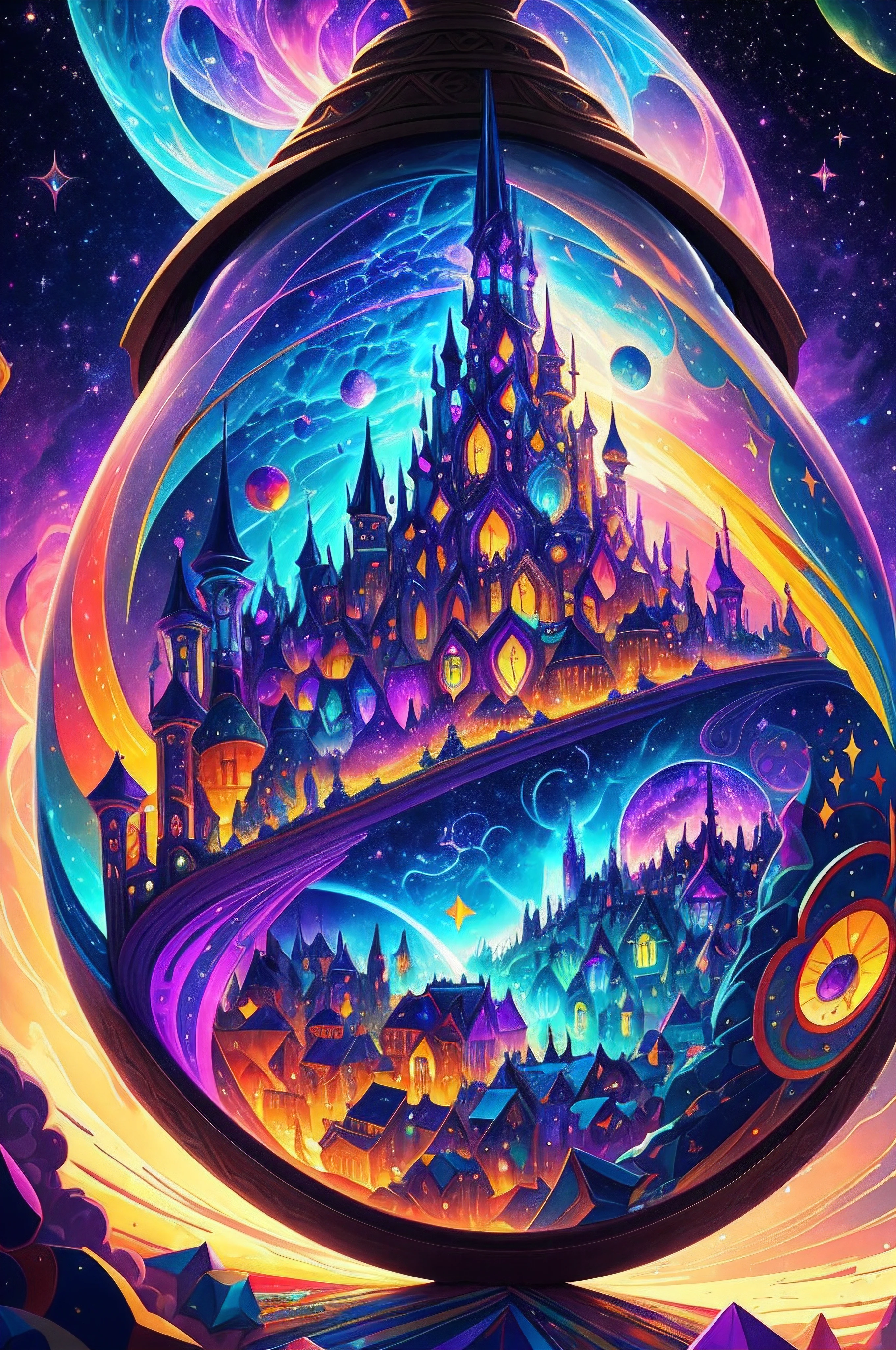 Multicolor multidimensional astral ethereal space nebulae, medieval magic arcane enchanted village ""Biopunk ovni in clound, cyberpunk, Disintegrating from 1000 paints into mosaic iridescence, Scenic, French, Dali, dynamic lighting, Cinematic, Artgerm, surrealism", Carl Barks, van Gog by Aykut