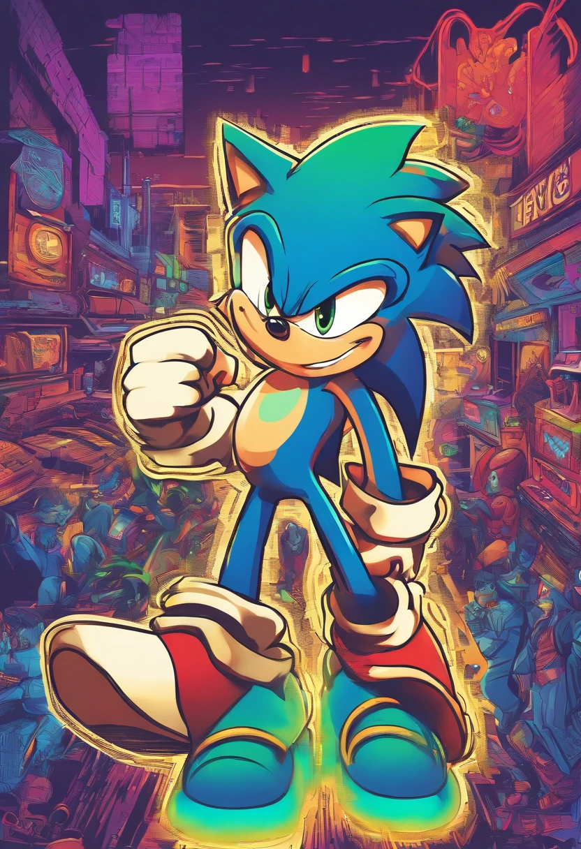 (best quality,ultra-detailed,realistic:1.37),Sonic the Hedgehog,dynamic background,perfect hands,perfect face,vivid colors,sharp focus,extremely detailed features,fast-paced action,energetic movement,humorous expression,3D rendering,highly detailed fur,neon lights,futuristic cityscape,blue skies,green grass,contrast lighting,shadows and highlights,stylized motion lines,sparkling eyes,focused gaze,confident smile,sleek and streamlined physique,emerald green eyes,expressive eyebrows,pointed ears,carefully sculpted quills,motion blur,blazing speed,supercharged energy,multiple frames,comics-inspired style,retro video game vibes,electric blue color scheme,lively and vibrant atmosphere,intense and immersive experience,character exploration,radical adventures,endless excitement.