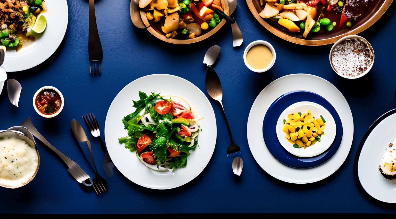 a beautiful plate of restaurant food seen from above, dark blue, dark background, realistic