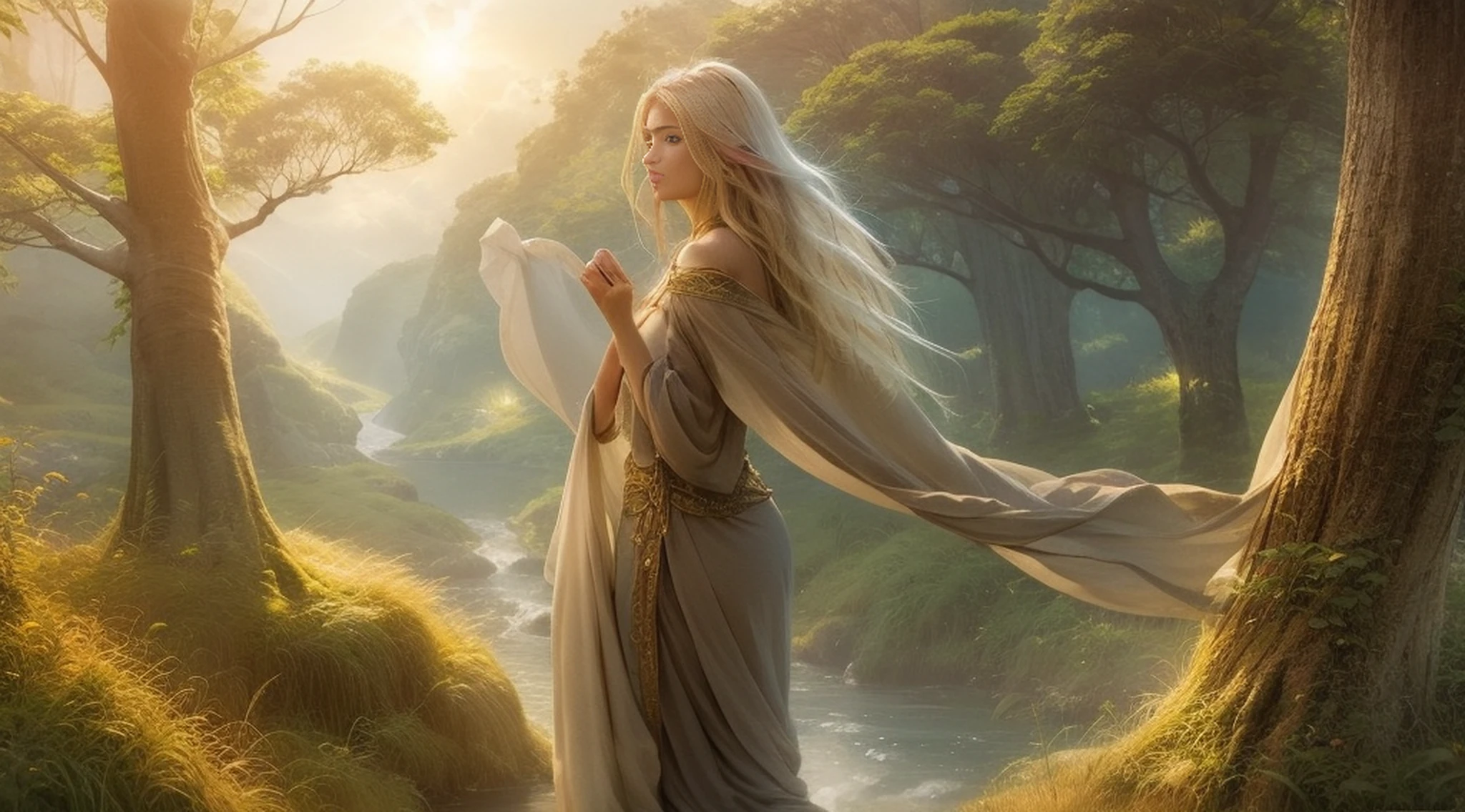 "Create an illustration of an elf in a stunning setting. A elfa deve ser retratada com graciosidade, using a stick of light in your hands. Your appearance should reflect the harmony between nature and magic. Seu longo, The flowing hair should flow like the breeze itself, while his ethereal robes dance in the wind. (The scenery around the goblin should be an environment of exceptional beauty, with tall and majestic trees, flores desabrochando e riachos serpenteantes. A luz dourada do sol poente deve banhar toda a cena, Creating a magical and serene environment.), The staff of light she holds in her hands should shine with a soft, ethereal aura, iluminando seu foco, confident expression. Your posture should convey a deep connection to the natural and magical elements, Capturing the enchanting and magical atmosphere of this elf and the scenery around her."