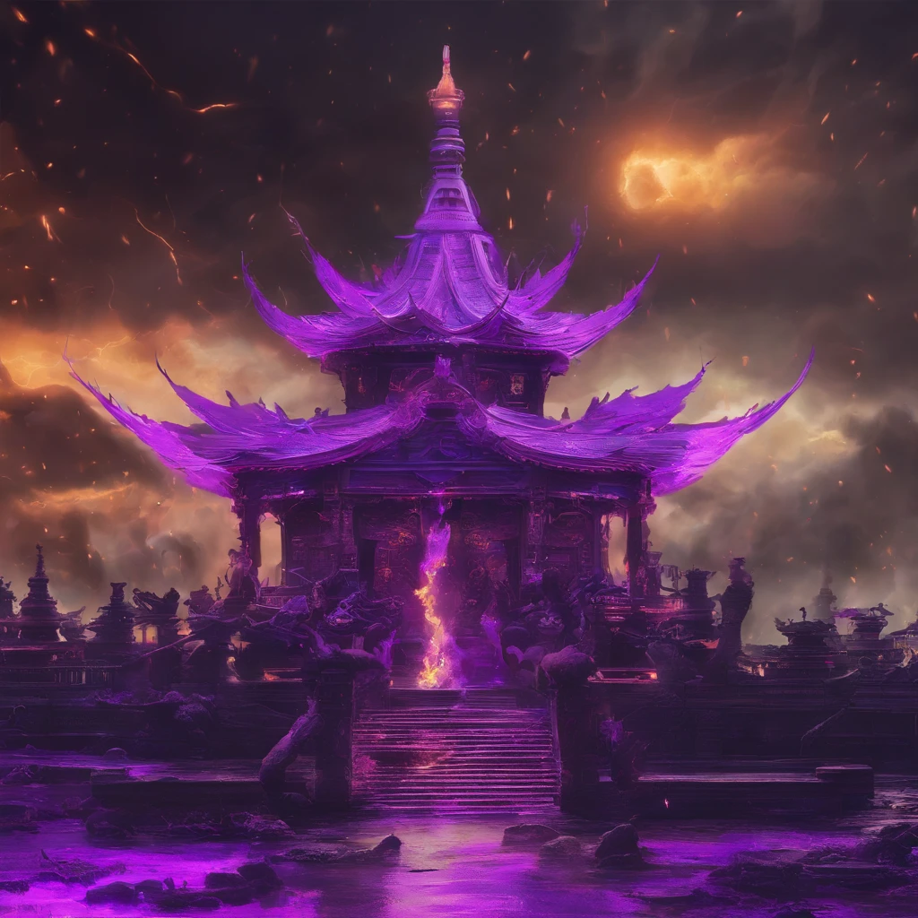 In heavy rain,((A huge castle complex of ancient square-topped stones burning in the fire))The picture quality is excellent,Lightning,Yellow light fog,电影灯光,Natural, realistic colors,Full composition,The style refers to Van Gogh,Subject content,Burning wooden ancient domed stone giant castle game scene 1:60 miniatures,Lightning and lightning,Agate glass texture 32K(tmasterpiece,k hd,hyper HD,32K)Long flowing bright purple hair,Autumn Pond,zydink, a color, Asian people (Kizi), (Red scarf), Combat posture, looking at the ground, long whitr hair, Floating bright purple, Fire cloud pattern gold tiara, Chinese long-sleeved gold silk garment, (abstract ink splash:1.2), white backgrounid,Lotus protector(realisticlying:1.4),Bright purple hair,Smoke on the road,The background is pure, A high resolution, the detail, RAW photogr, Sharp Re, Nikon D850 Film Stock Photo by Jefferies Lee 4 Kodak Portra 400 Camera F1.6 shots, Rich colors, ultra-realistic vivid textures, Dramatic lighting, Unreal Engine Art Station Trend, cinestir 800,Long flowing bright purple hair