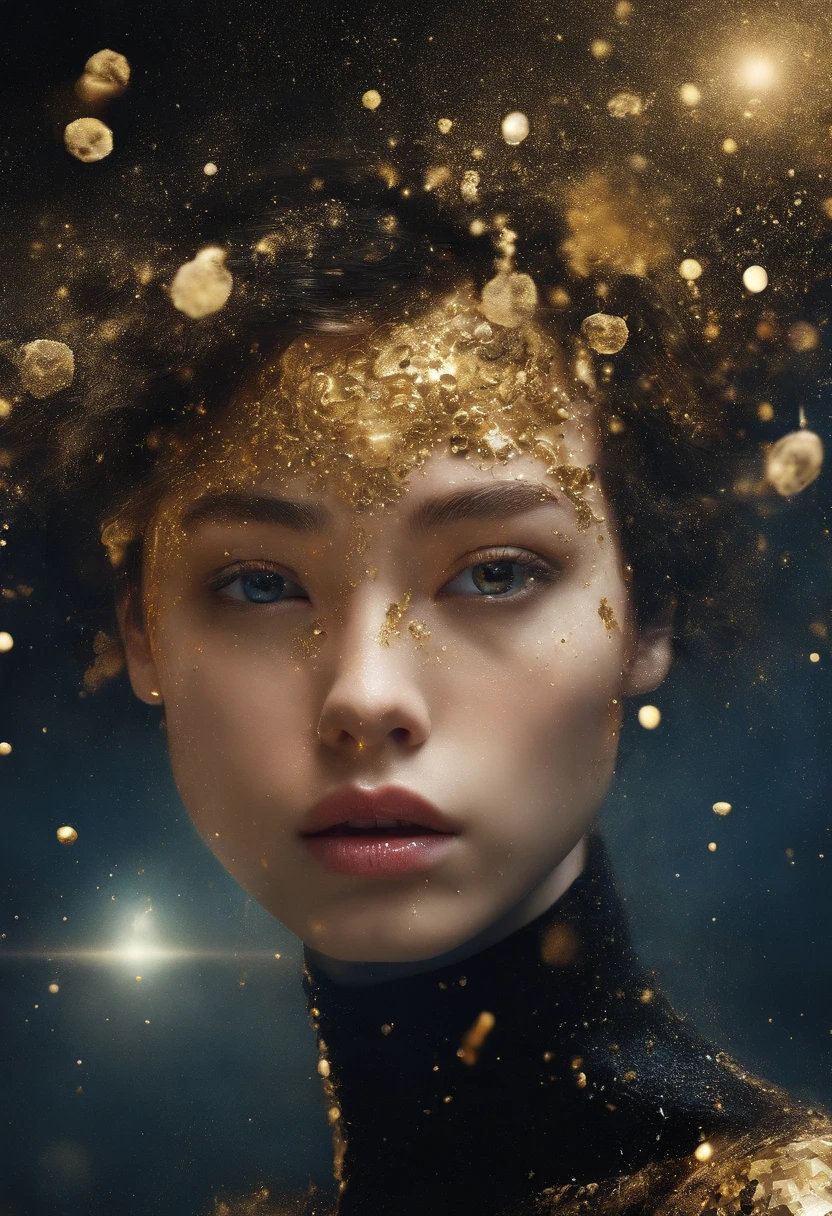 close-up of a young woman wearing a black dress and gold liquid, liquid gold with porpurine, shiny, pretty face, detailed eyes, soft lips, floating in outer space and planets in the background, fluid, wet, dripping, waxy, smooth, realistic , octane rendering