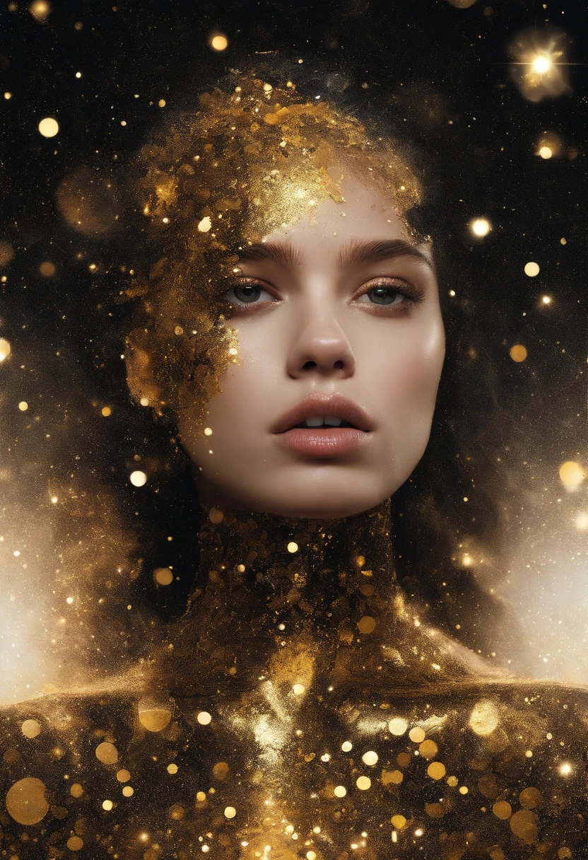 close-up of a young woman wearing a black dress and gold liquid, liquid gold with porpurine, shiny, pretty face, detailed eyes, soft lips, floating in outer space and planets in the background, fluid, wet, dripping, waxy, smooth, realistic , octane rendering