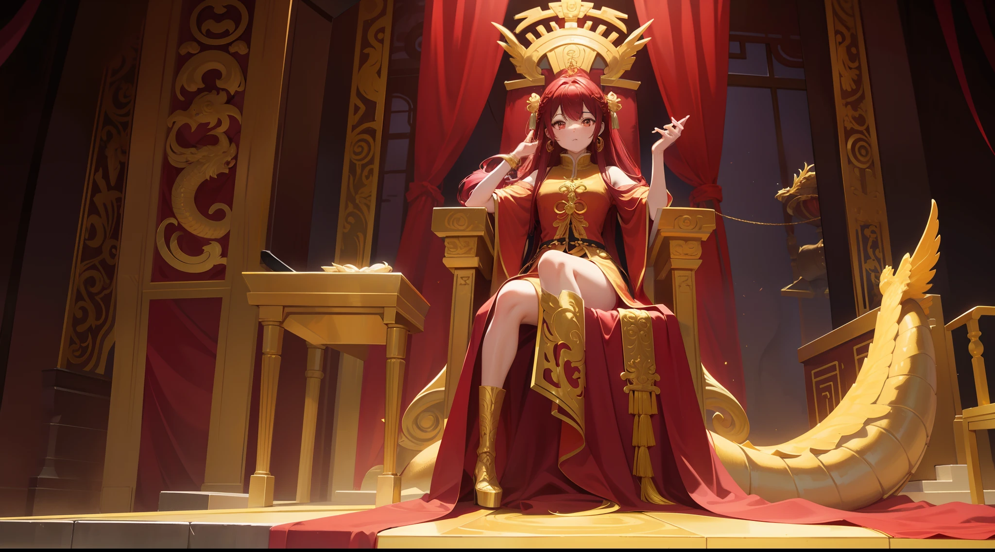 Una reina,Color rojo,color dorado,Pelo largo y blanco,gold robe,Cetro Supremo,Dragon and Phoenix Chengxiang,Botas de Oro,Sentado en un trono,Piernas de Jirou,high heeled boots,un trono,Starrysky