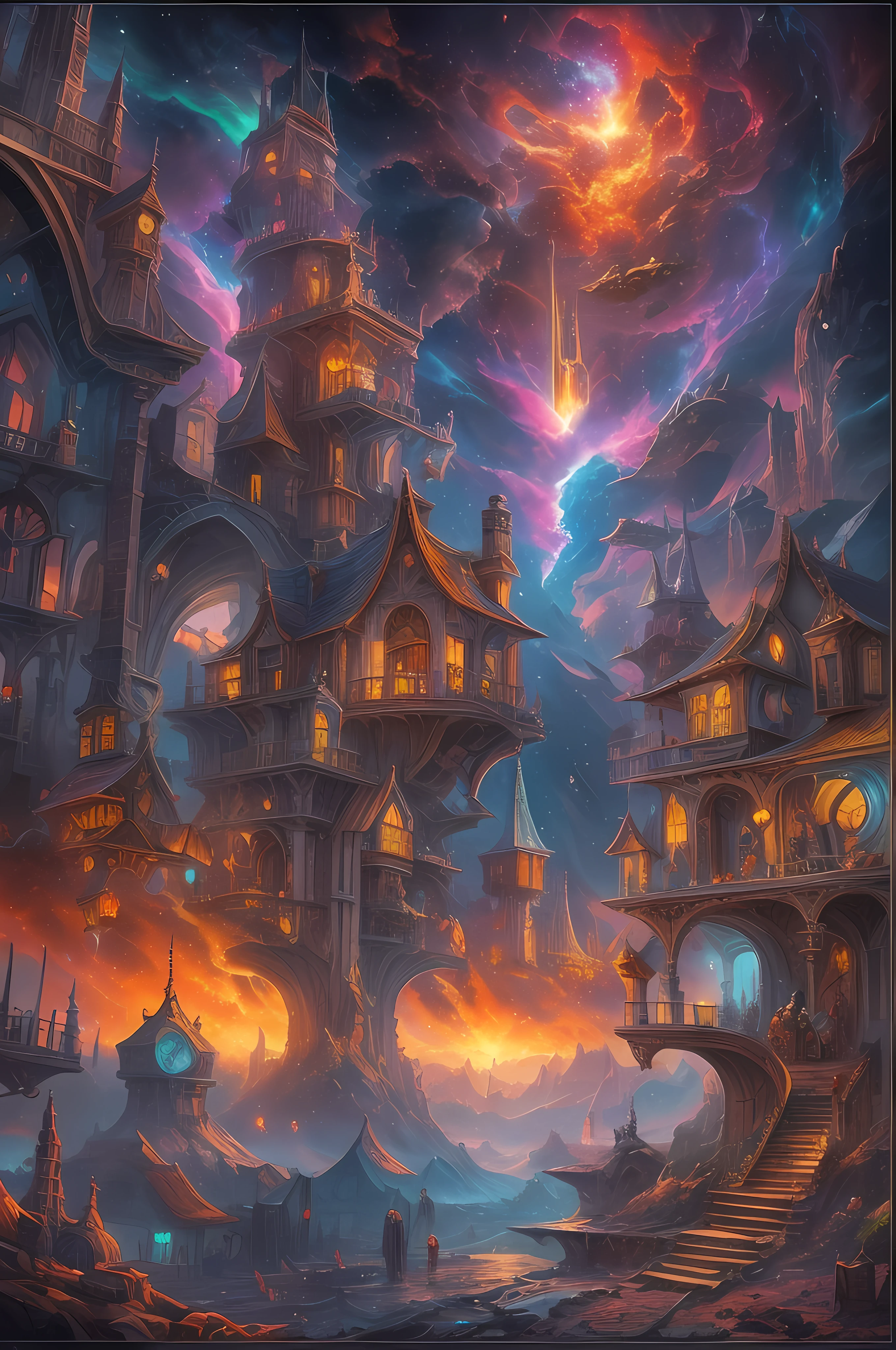 Multicolor multidimensional astral ethereal space nebulae, medieval magic arcane enchanted village ""Biopunk ovni in clound, cyberpunk, Disintegrating from 1000 paints into mosaic iridescence, Scenic, French, Dali, dynamic lighting, Cinematic, Artgerm, surrealism", Carl Barks, van Gog by Aykut