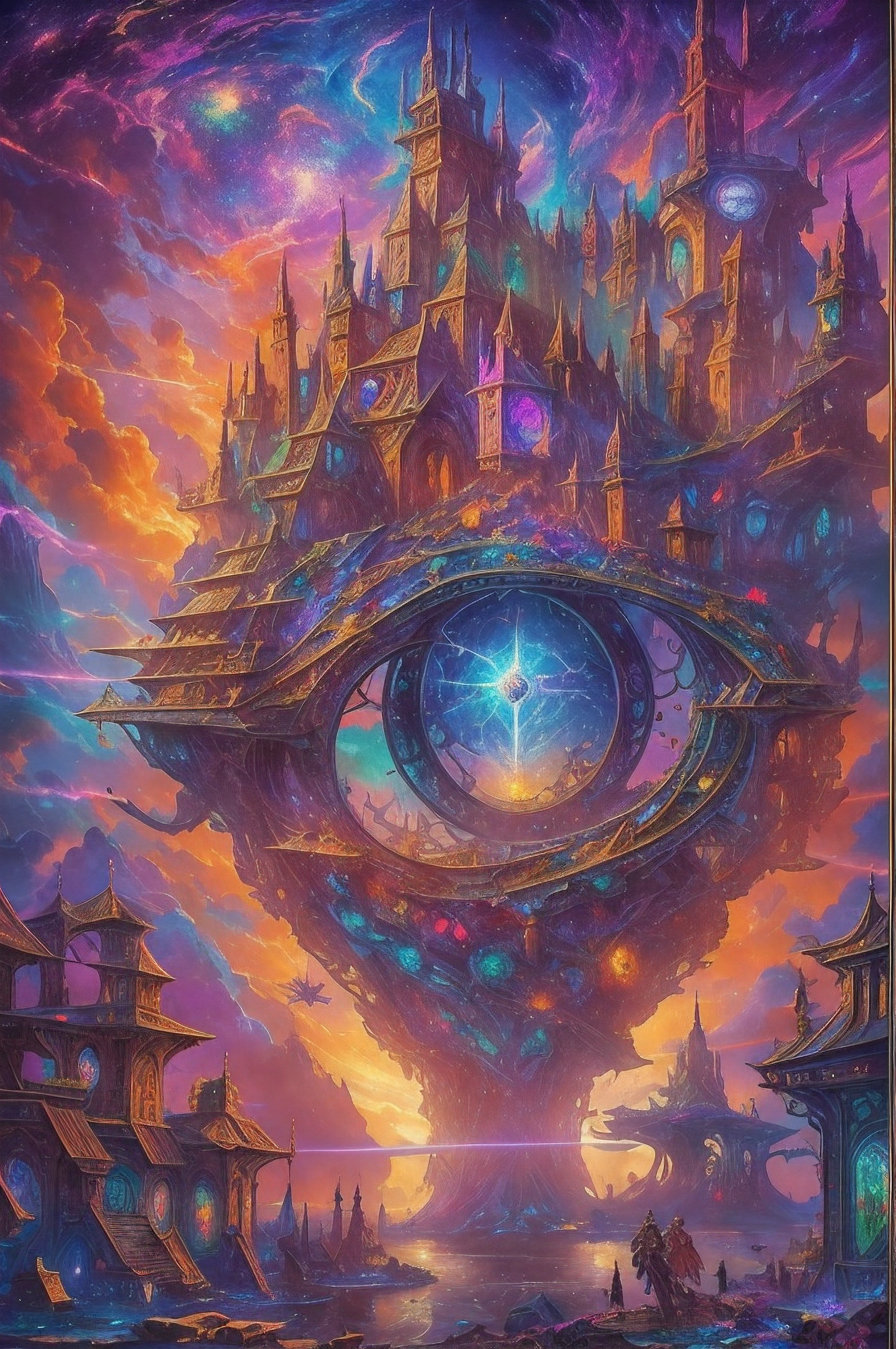Multicolor multidimensional astral ethereal space nebulae, medieval magic arcane enchanted village ""Biopunk ovni in clound, cyberpunk, Disintegrating from 1000 paints into mosaic iridescence, Scenic, French, Dali, dynamic lighting, Cinematic, Artgerm, surrealism", Carl Barks, van Gog by Aykut