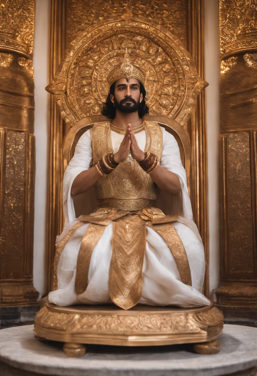 A majestic deity with a lion's head seated on an ornate gold throne adorned with intricate carvings, wearing a lavish crown and flowing robes exuding power and authority, several worshippers in vibrant traditional clothing offering gifts such as fruits, golden vessels, and sacred artifacts, rich warm tones, elaborate stone walls inscribed with ancient hieroglyphs, soft golden hues across the scene, (best quality,4k,8k,highres,masterpiece:1.2),ultra-detailed,(realistic,photorealistic,photo-realistic:1.37),HDR,UHD,studio lighting,ultra-fine painting,sharp focus,physically-based rendering,extreme detail description,professional,vivid colors