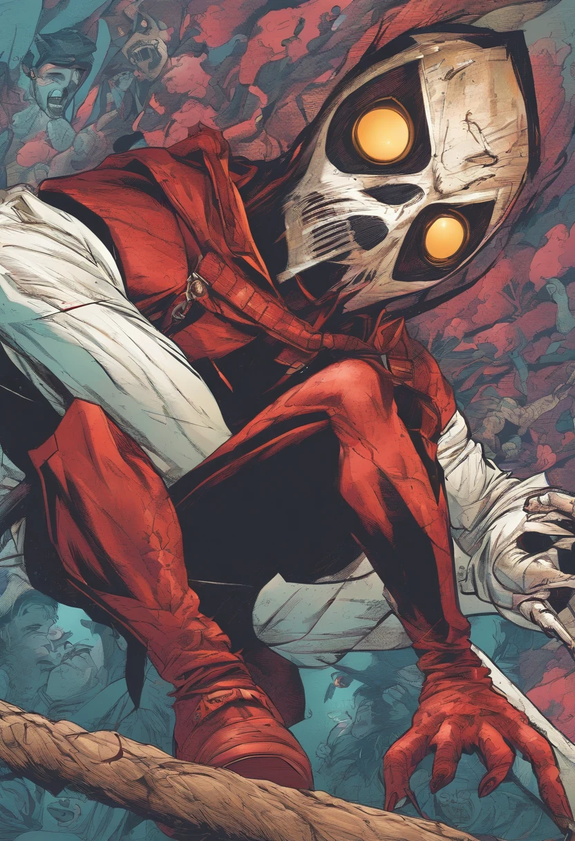 Man with a mask of terror, com uma jaqueta de couro, segurando uma motoserra, com muito sangue, bastante sangue