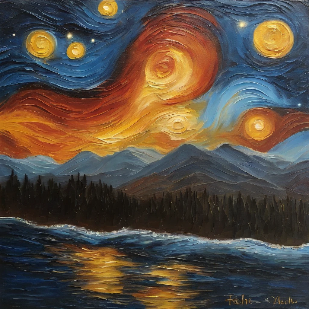 Coarse brushstrokes and wet paint,Fibonacci,the golden ratio,Melted wax,Visible brush strokes,3D mosaic wireframe,3d effect,oil on the canvas,Thick brushstrokes,insanely details,8K UHD,ultra-realistic realism,Van Gogh Starry Sky