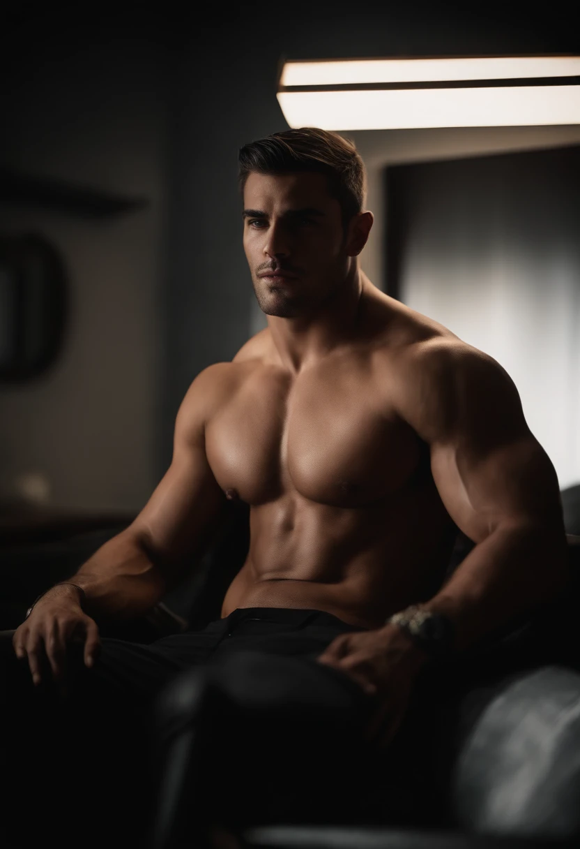 Um rapaz sentado em uma poltrona em um quarto, He is shirtless revealing scars on his muscular abdomen, His eyebrows are thick and his eyes are dark looking at the viewer. sexy, foto sexy, alta qualidade, cicatrizes detalhadas