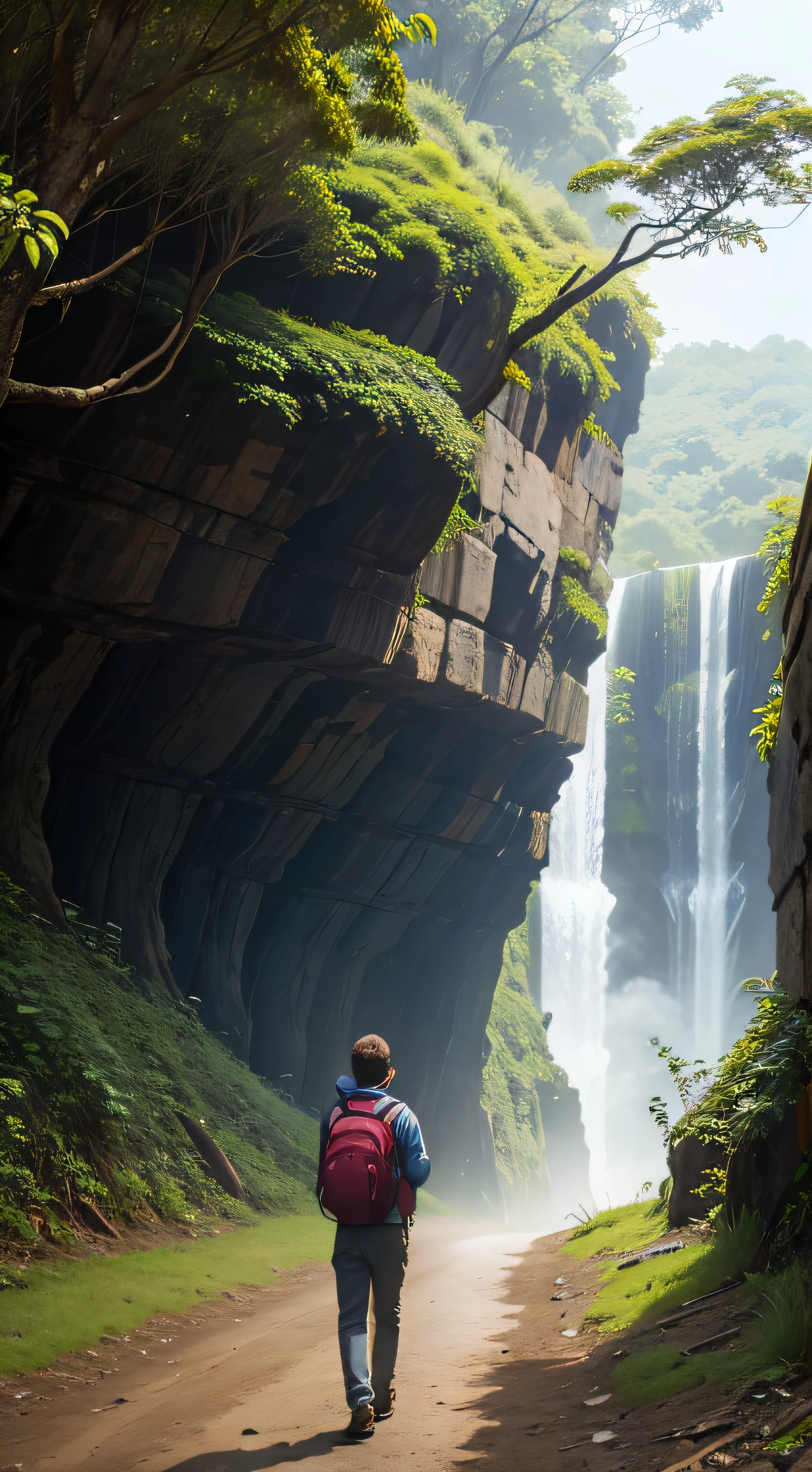 um menino de costas a pensar enquanto olha para cima num ambiente com natureza