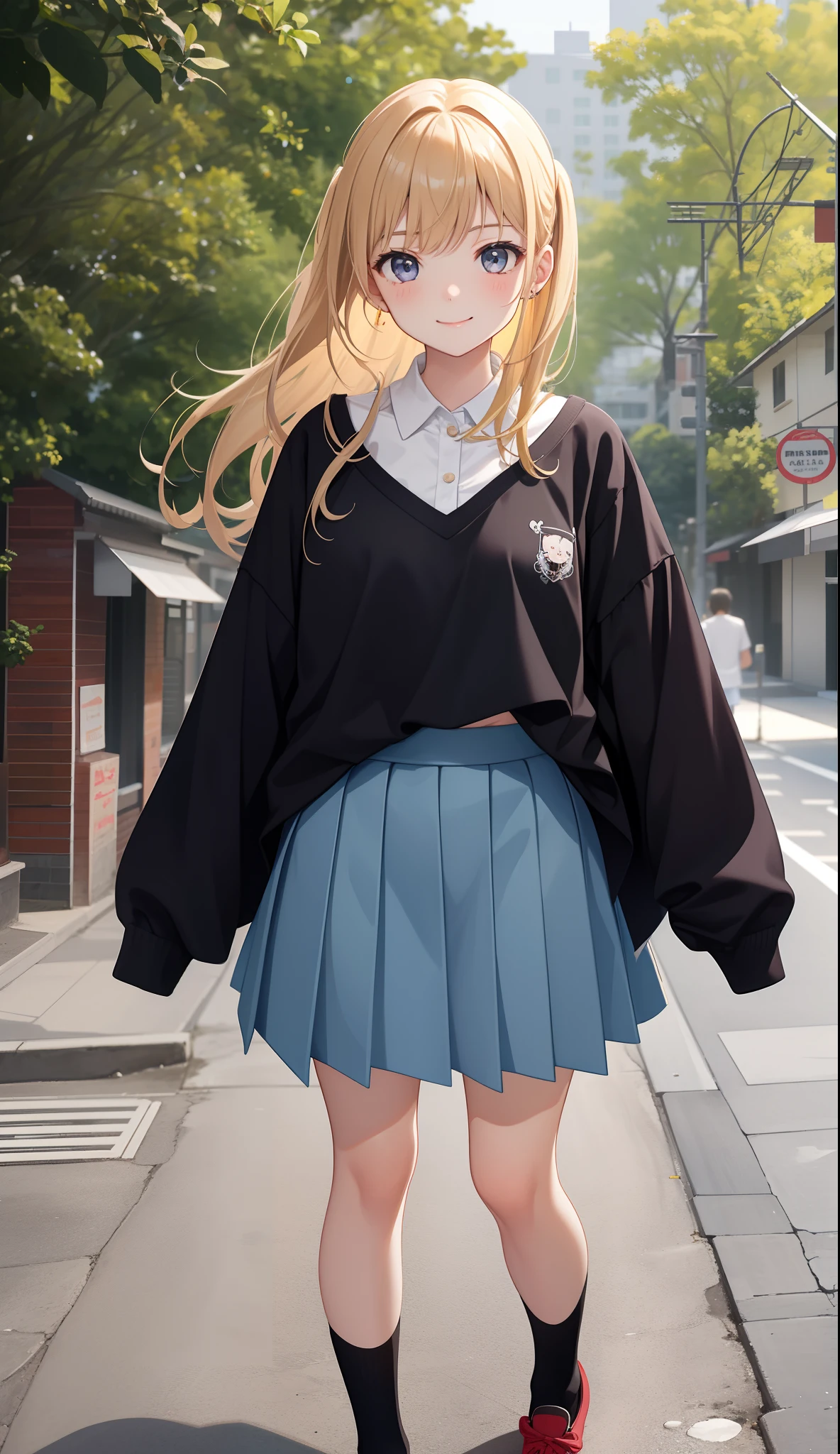 1girl in、AS-Adult、A smile、(Tsundere)、The shirt、skirt by the、(small tits)Chilarism、Upper body portrait、Walking with a thigh、
