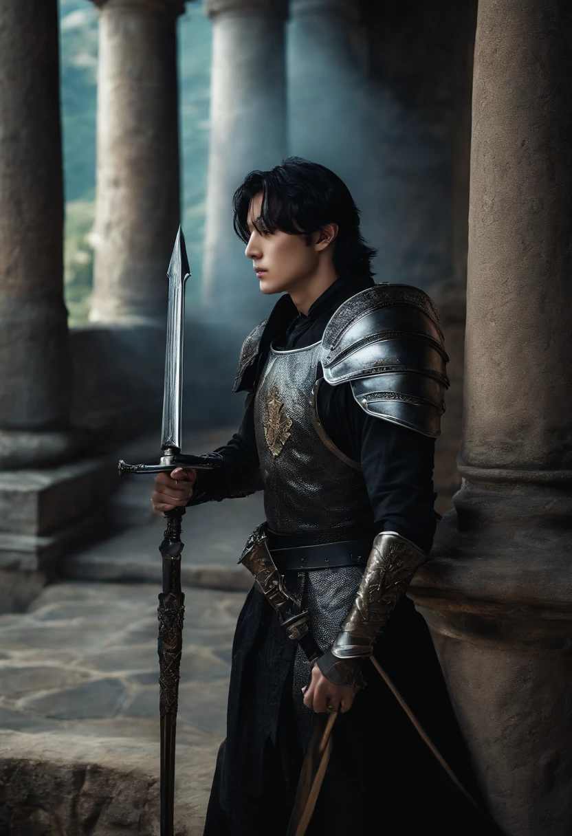 Jeon Jungkook with long black hair and black armor holding a spear inside a castle
