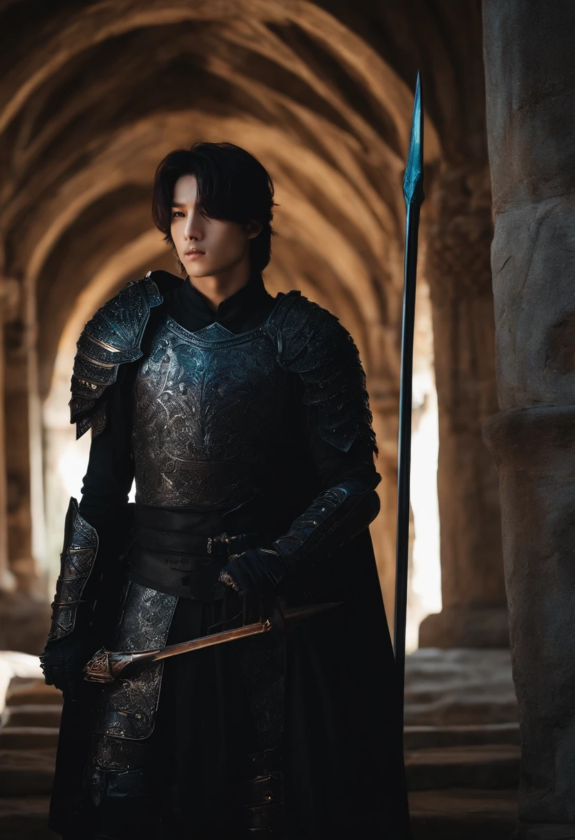 Jeon Jungkook with long black hair and black armor holding a spear inside a castle