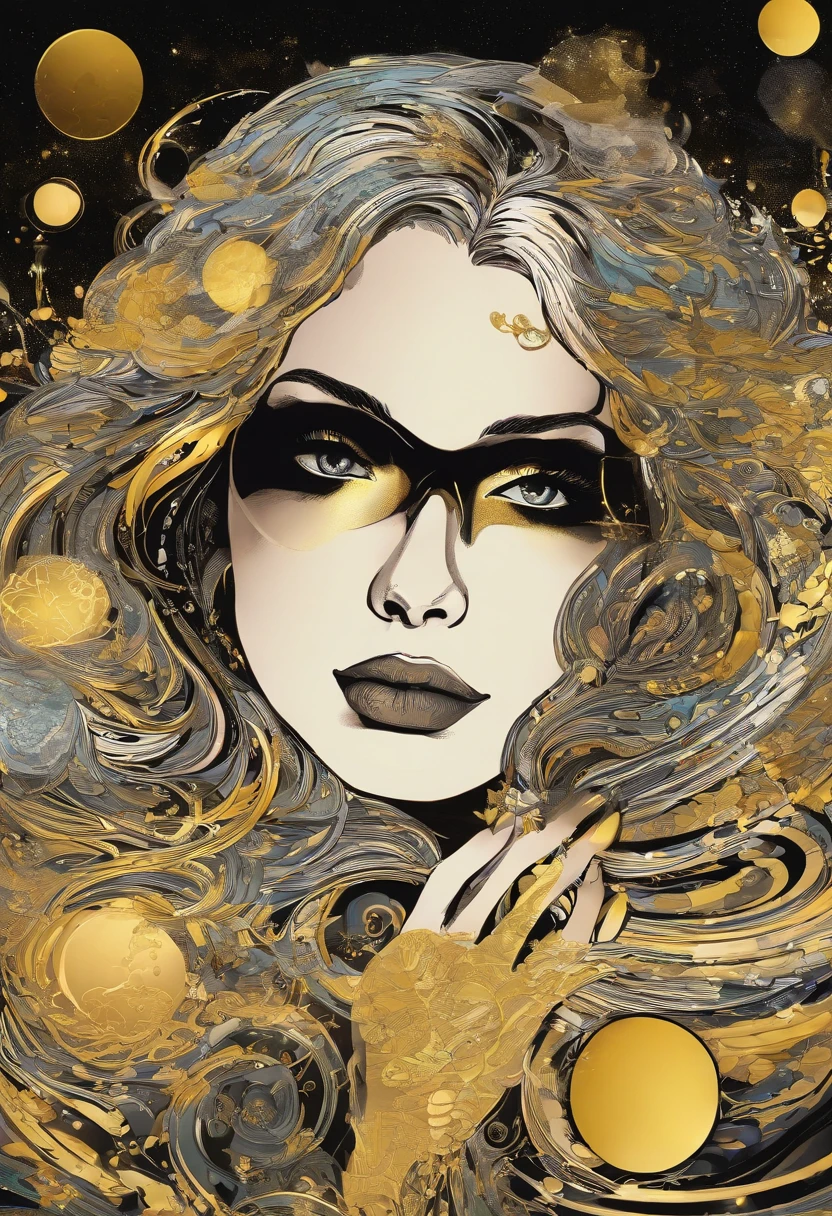 close-up of a young woman wearing a black dress and gold liquid, liquid gold with porpurine, shiny, pretty face, detailed eyes, soft lips, floating in outer space and planets in the background, fluid, wet, dripping, waxy, smooth, realistic , octane rendering